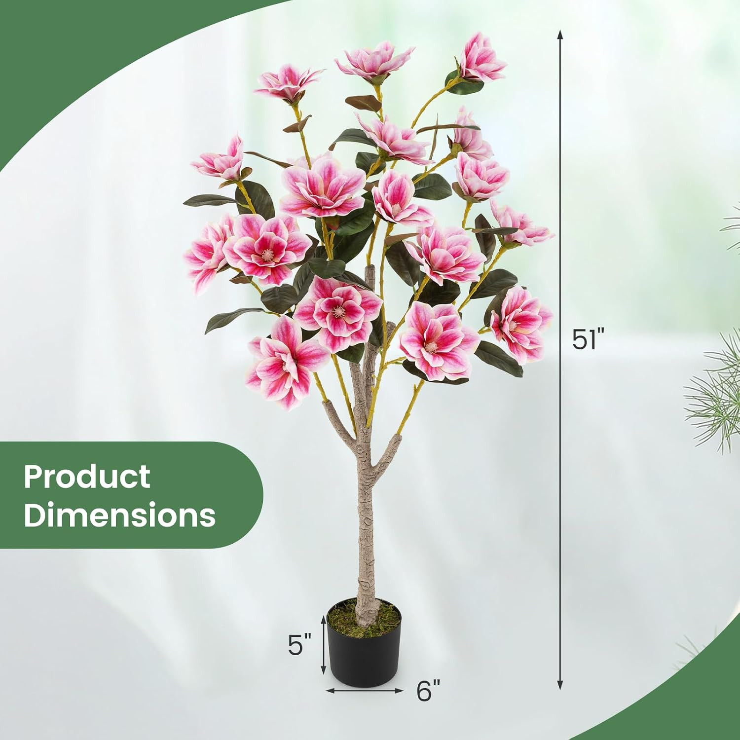 51” Artificial Magnolia Tree, Faux Flower Plant with PEVA Leaves, Multi-Branch T