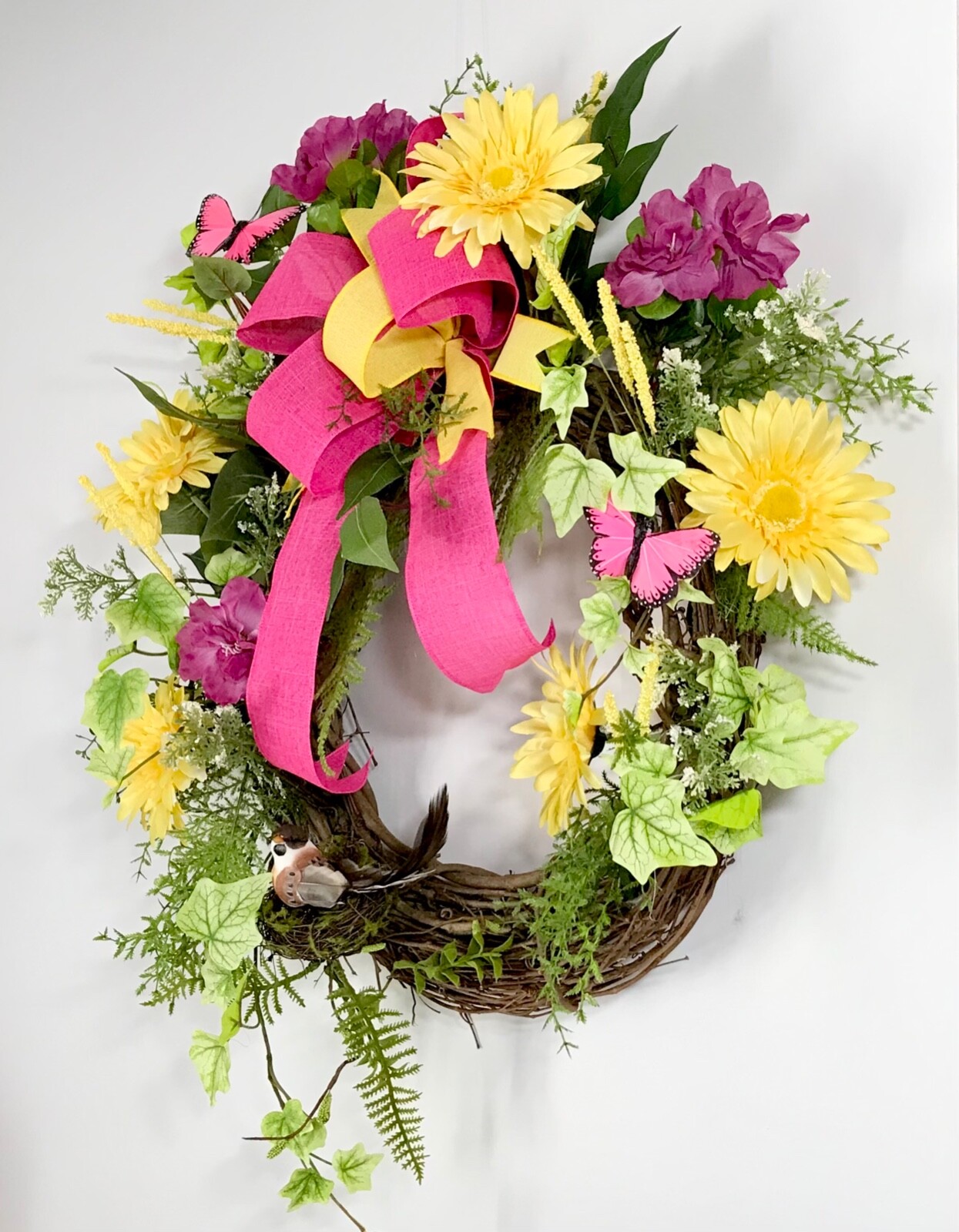 SPRING SUMMER GRAPEVINE BRIGHT YELLOW WREATH DECORATION RIBBON BOW HANDMADE NEW