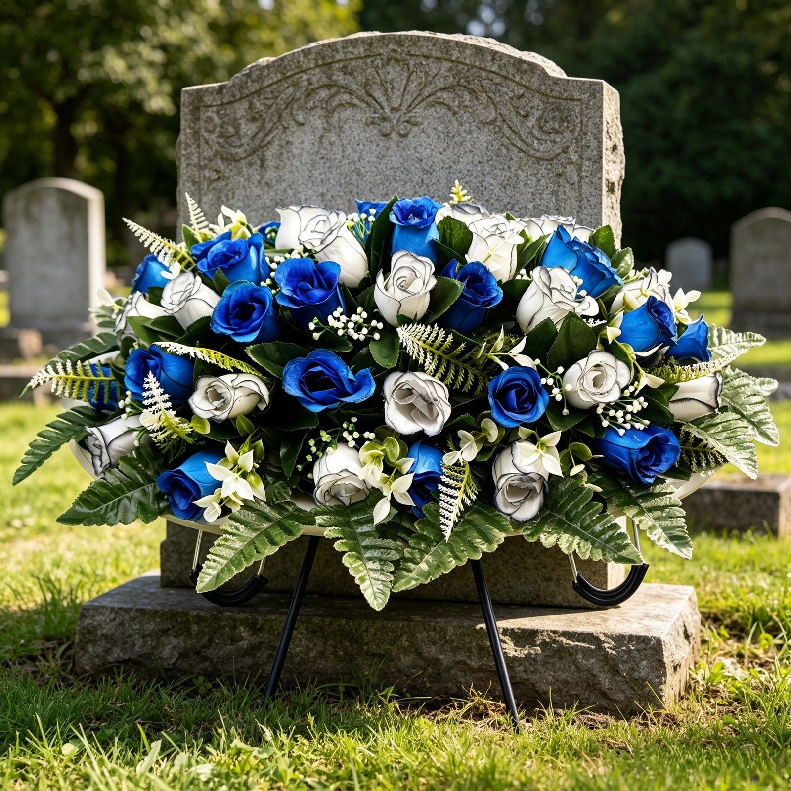 Flat Grave Marker Saddle Flower with Sturdy Metal Hooks and Silk Roses