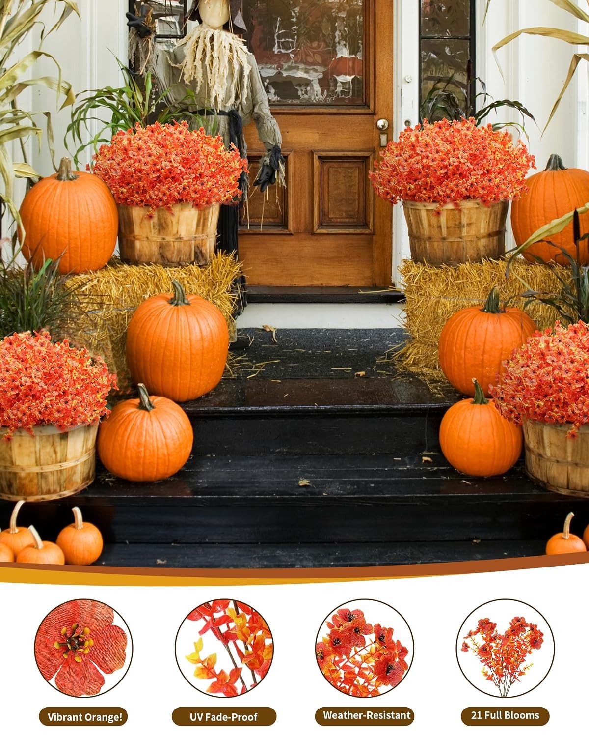 Artificial Orange Yellow Fall Mums Faux Mum Bundles for Outdoor Planters