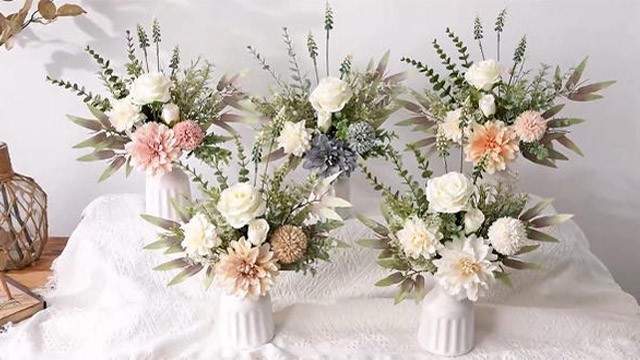 Artificial Floral Arrangements in Vase – 15.7” Silk Roses & Faux Dahlia Centerp