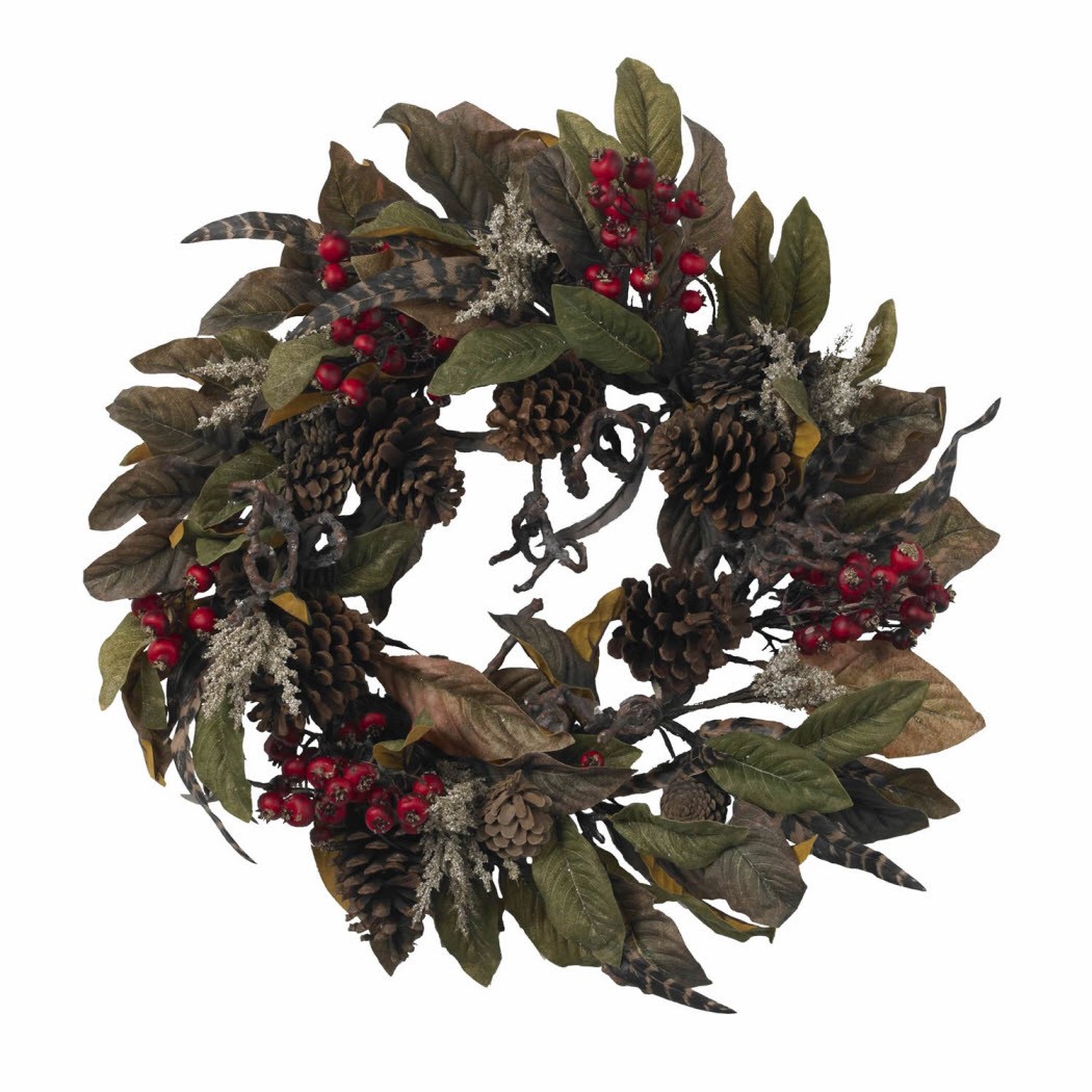 24″ Pinecone, Berry & Feather Silk Wreath