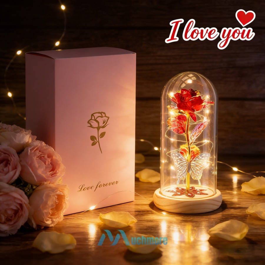 Preserved Eternal Galaxy Rose Flower In Glass Dome with LED Light Gift for Her