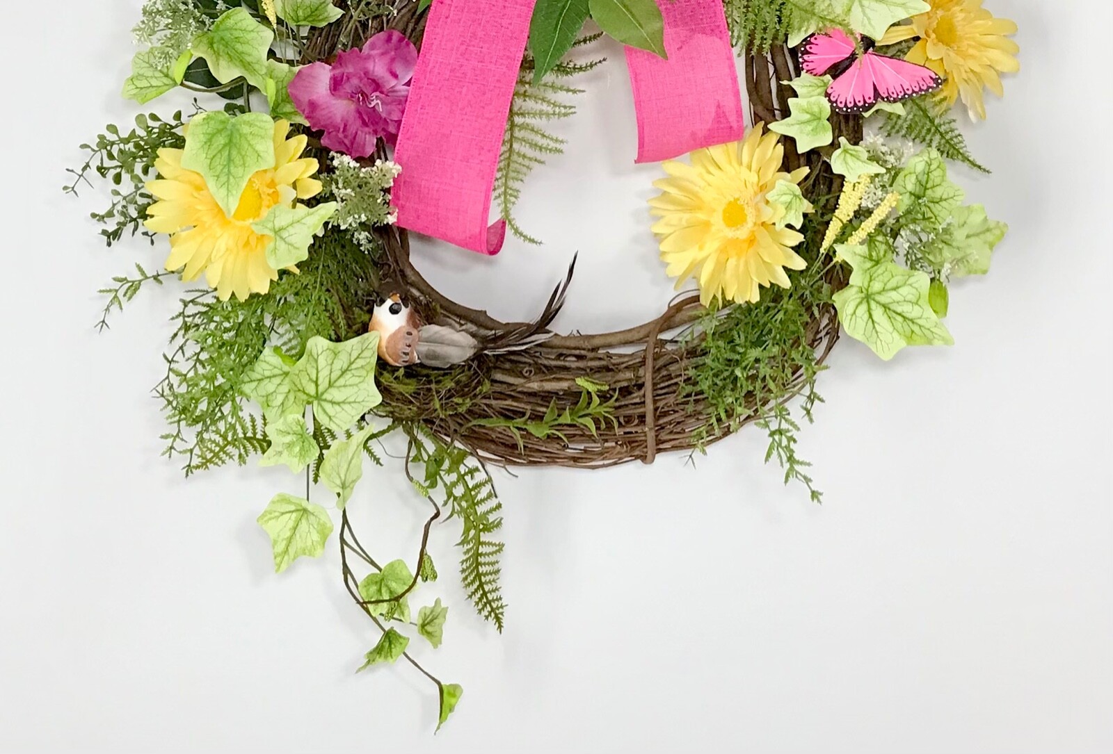 SPRING SUMMER GRAPEVINE BRIGHT YELLOW WREATH DECORATION RIBBON BOW HANDMADE NEW