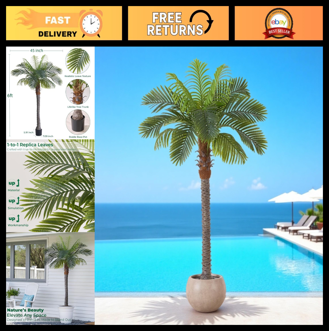 6FT Faux Coconut Palm Tree – Tropical Silk Plant for Indoor/Outdoor Decor, Large