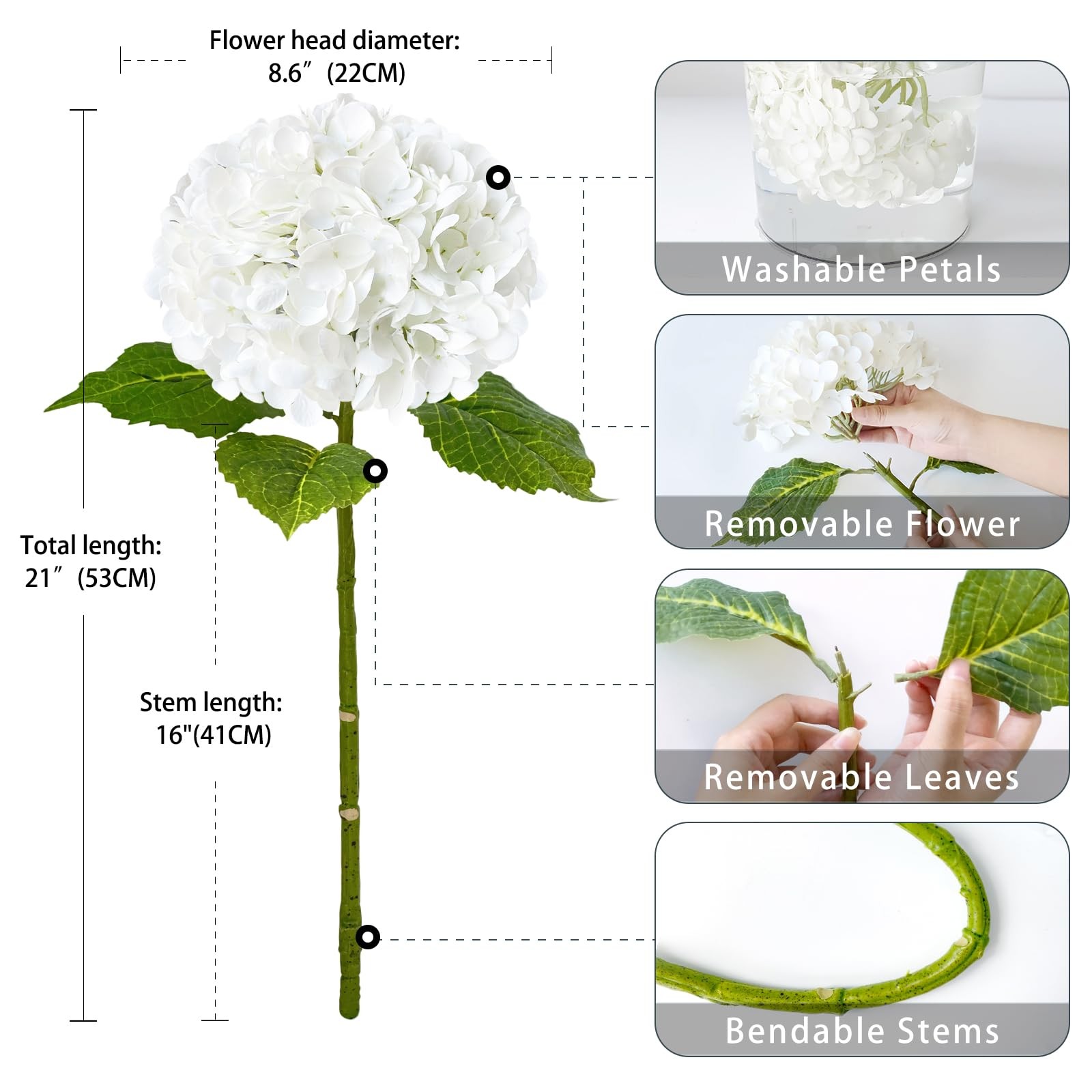 3 Pcs White Hydrangea Real Touch Artificial Flowers 21” Latex Large Hydrangea W