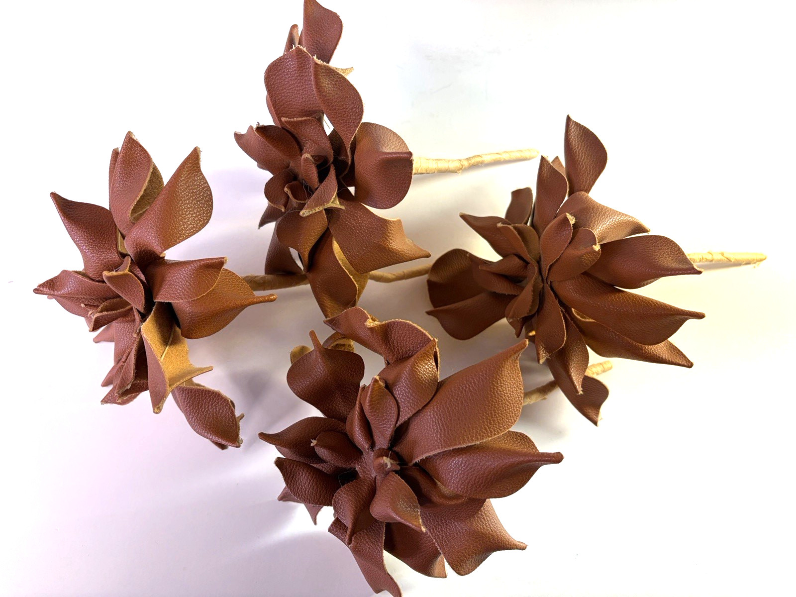 Natural Faux Leather Flowers on Stems 4 Brown Rustic Elegant Classic