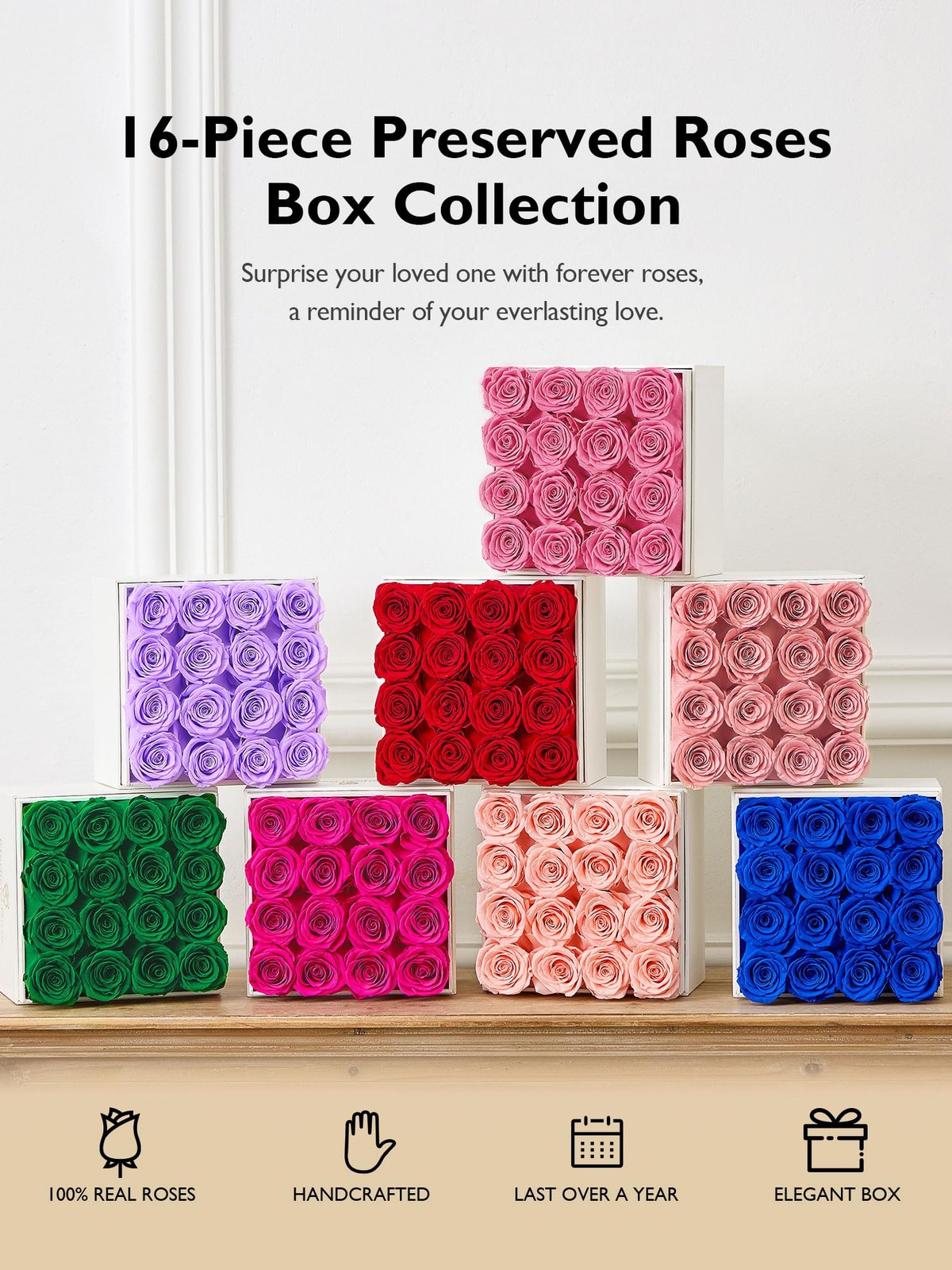 Forever Flowers Square White Box Preserved Real Red Roses 16 PK