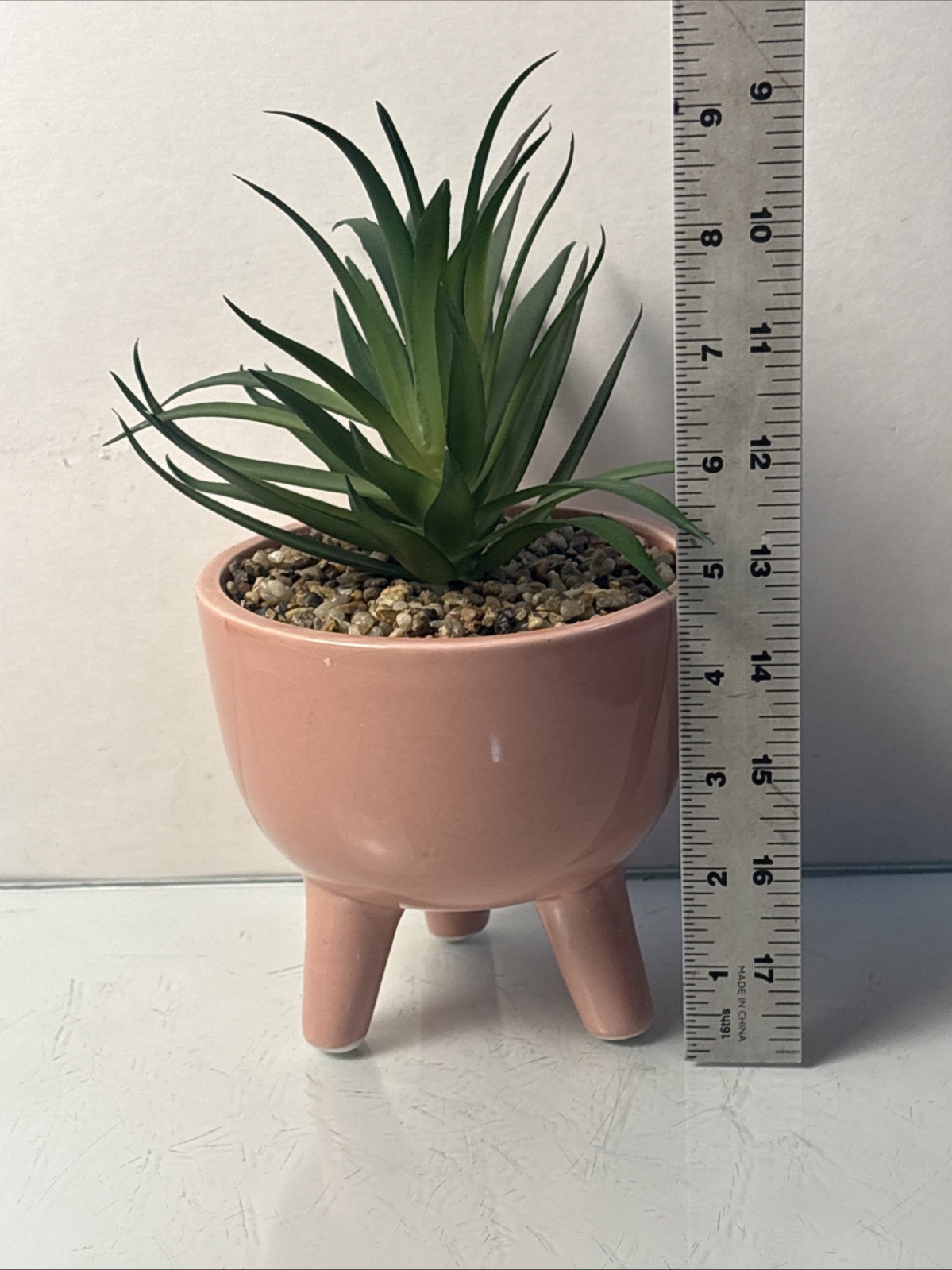 Ceramic Planter w Faux Succulent Pink Tripod Pot Mid Century Style Decor