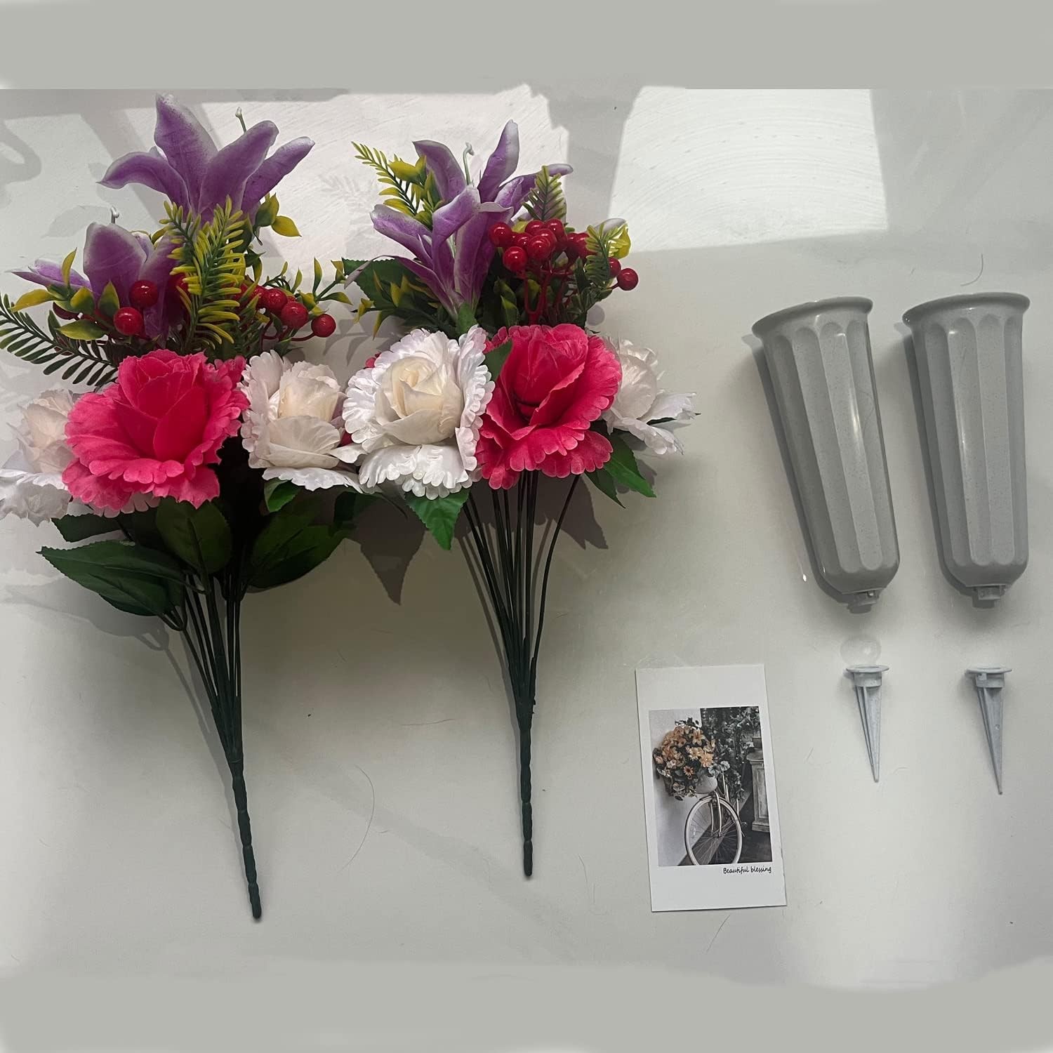 KAPIQIU Artificial Memorial Flowers with Vase: Exquisite Gravestone Decor for…