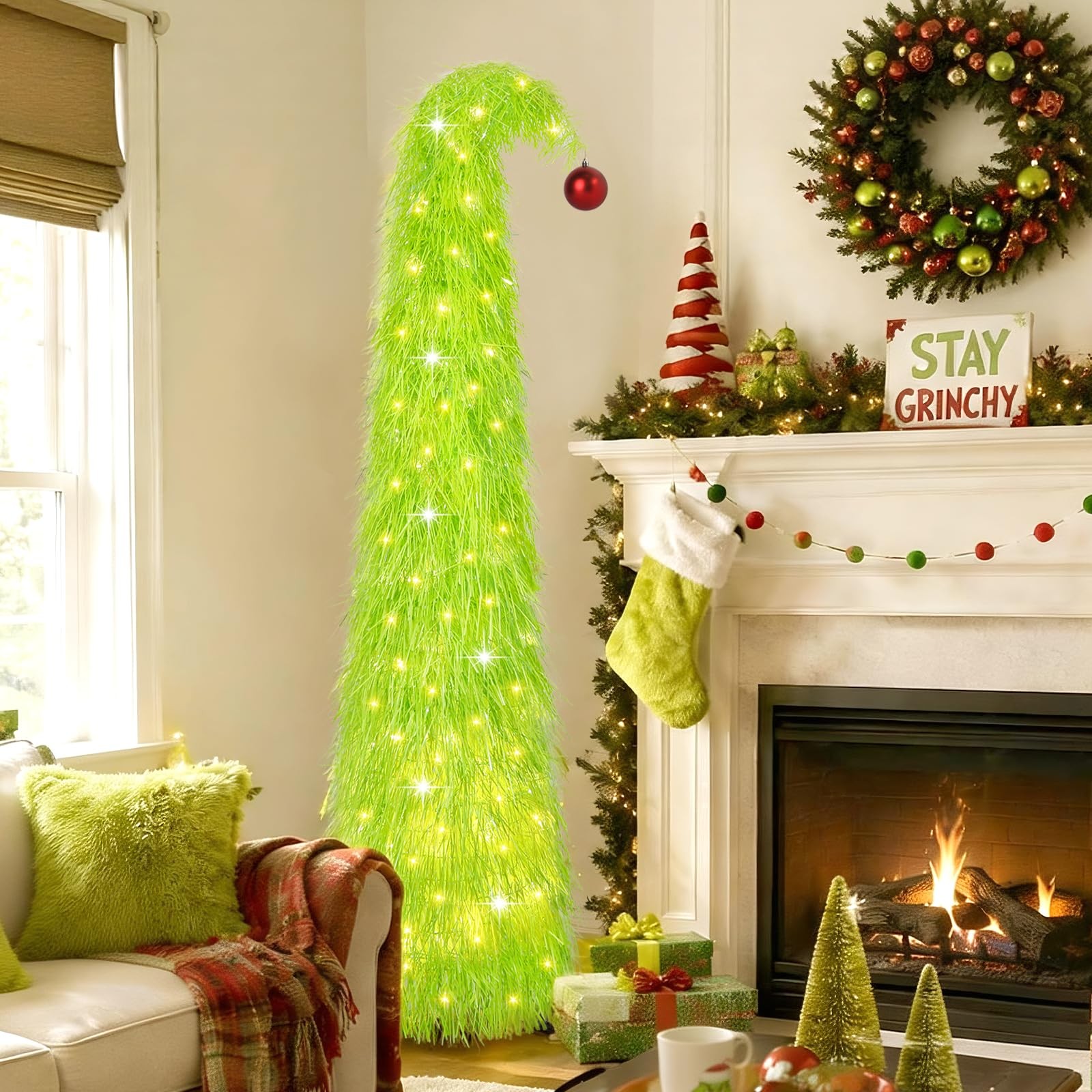 6FT Artificial Shaggy Pop Up Christmas Tree with 100 LEDs, Lime Green Curve