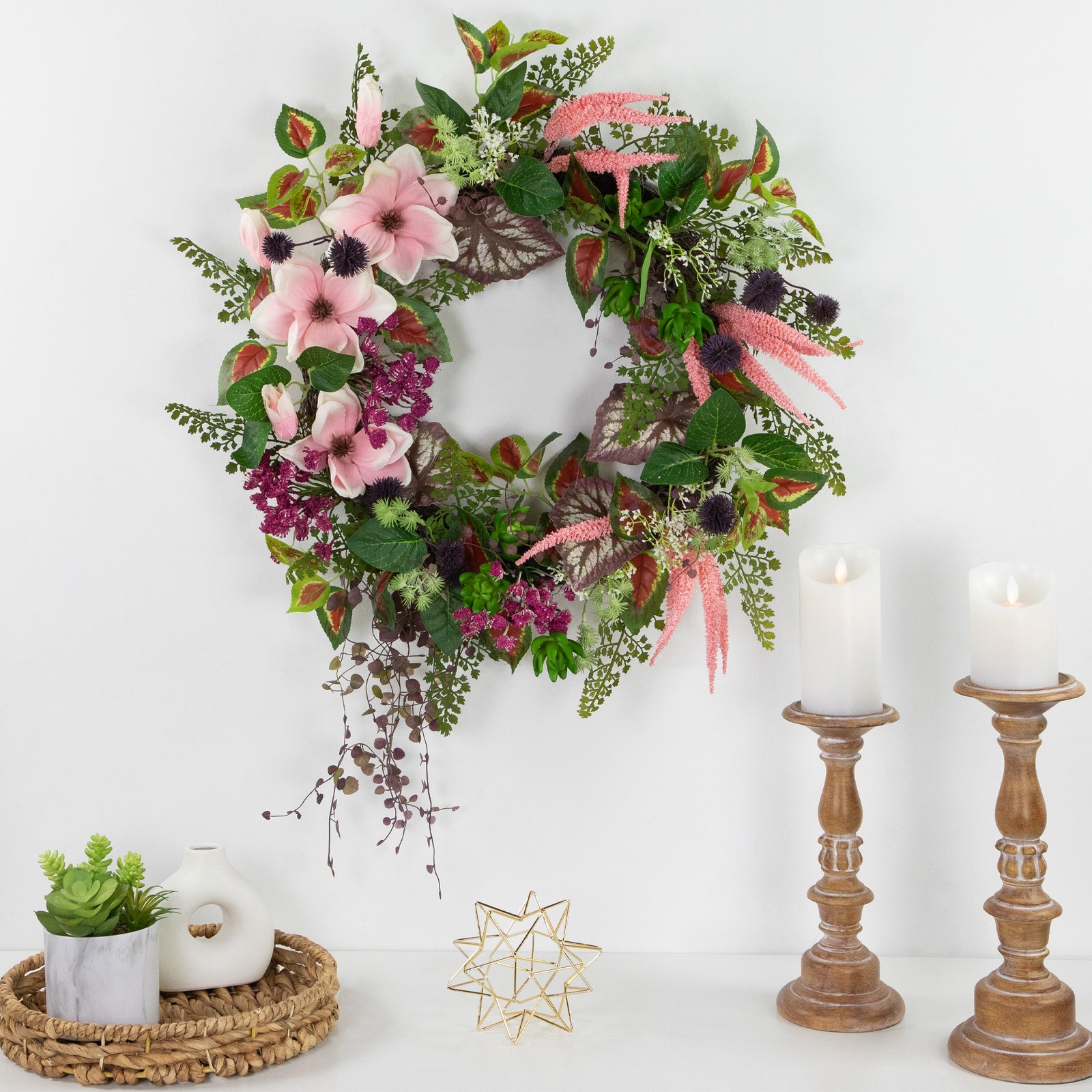 Northlight Succulent and Fern Artificial Spring Floral Wreath, 24-Inch