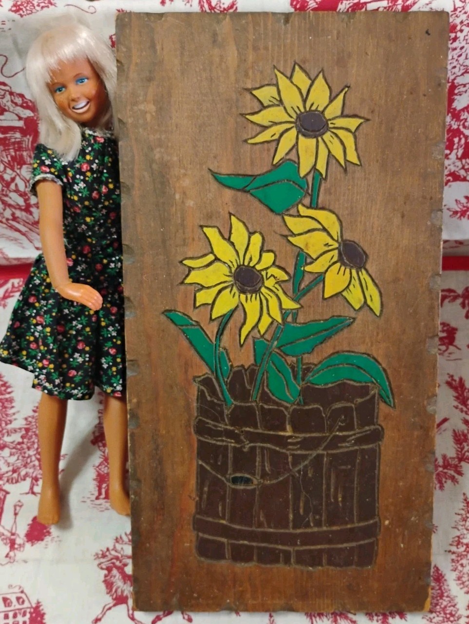 Vintage Carved Painted 3 Sunflowers Bucket Wall Art Primitive Farmhouse Rustic