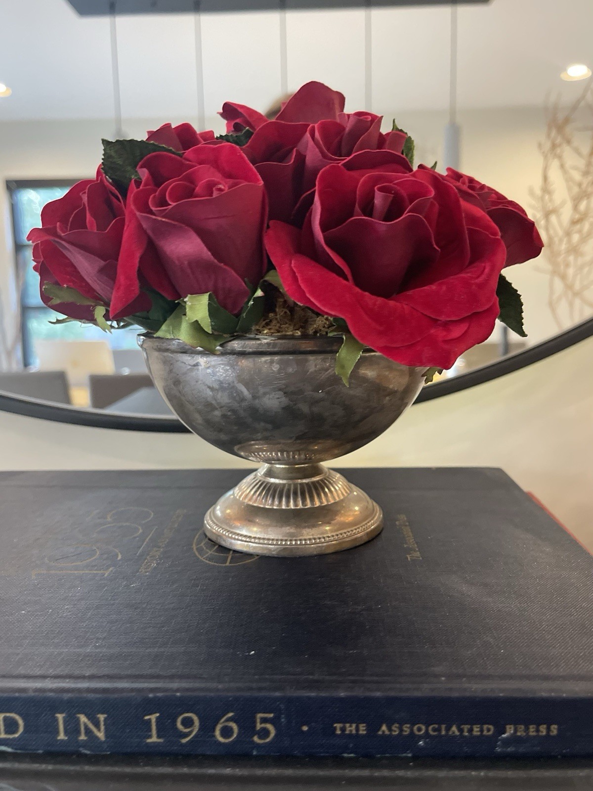 Faux Red Rose Small Arrangement In Aged Silver Pedestal Urn