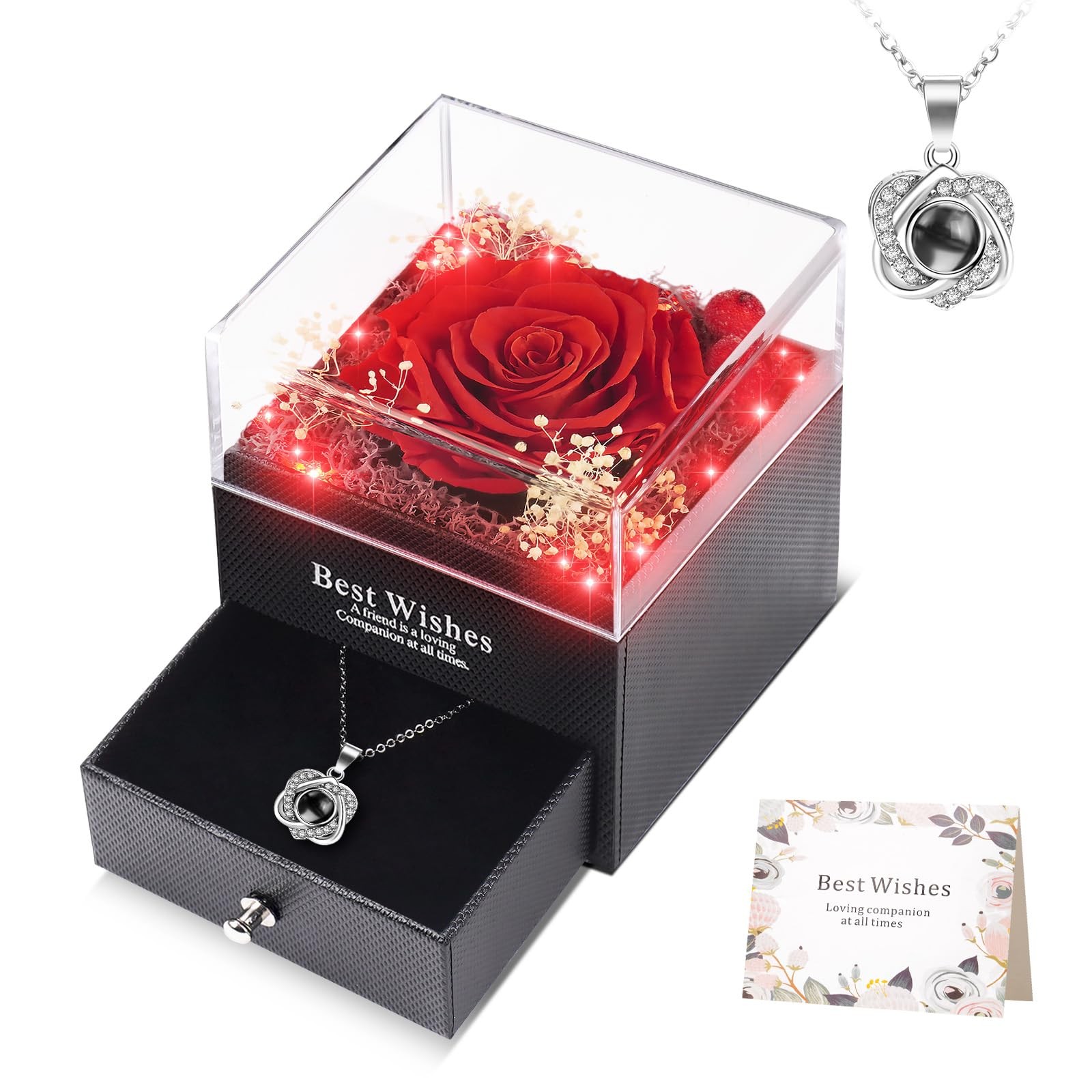 Lighted Preserved Real Rose with I Love You Heart Necklace, Gifts for Christm…