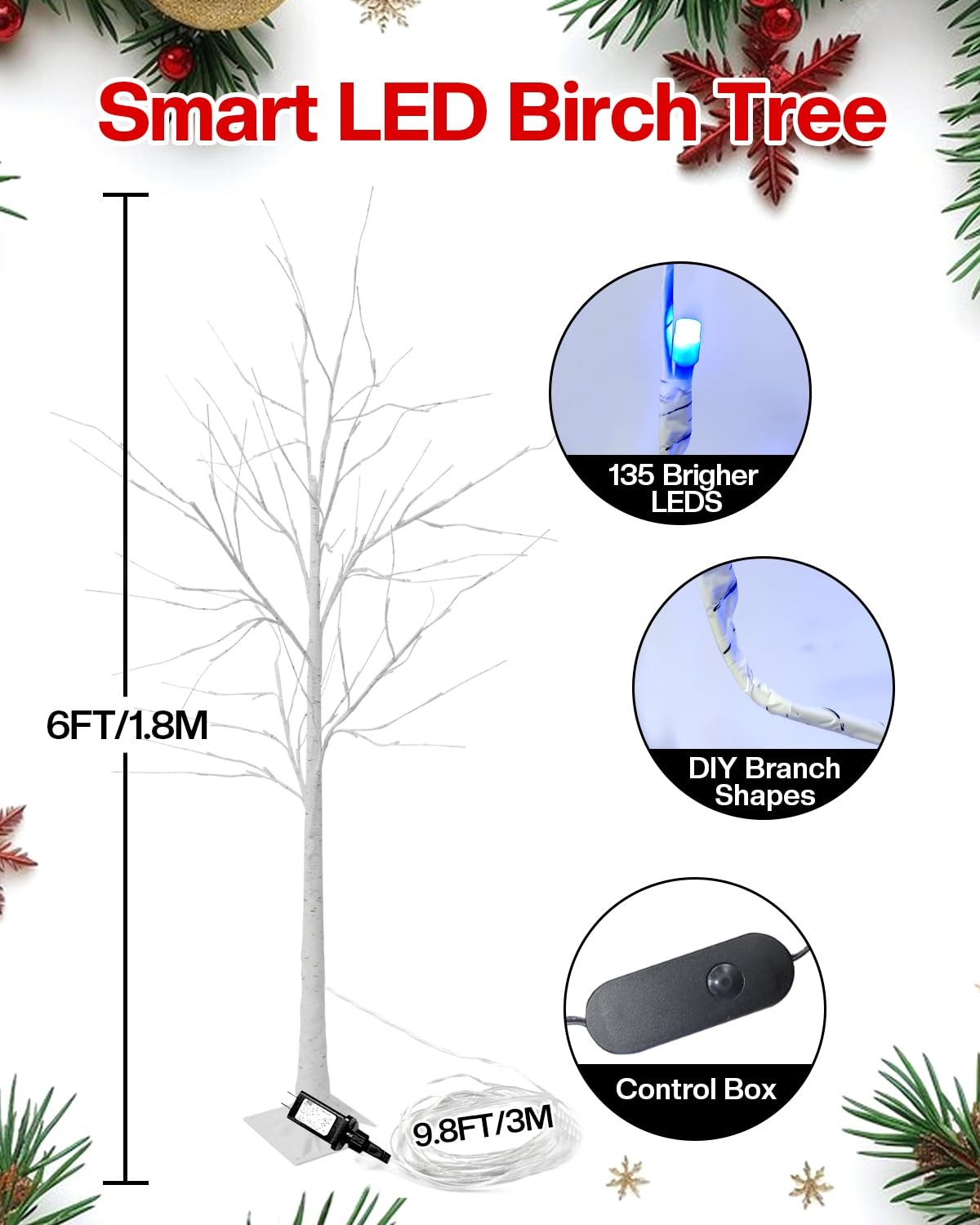 6FT Smart LED Birch Tree, App Control RGB Color Changing Light, Music Sync