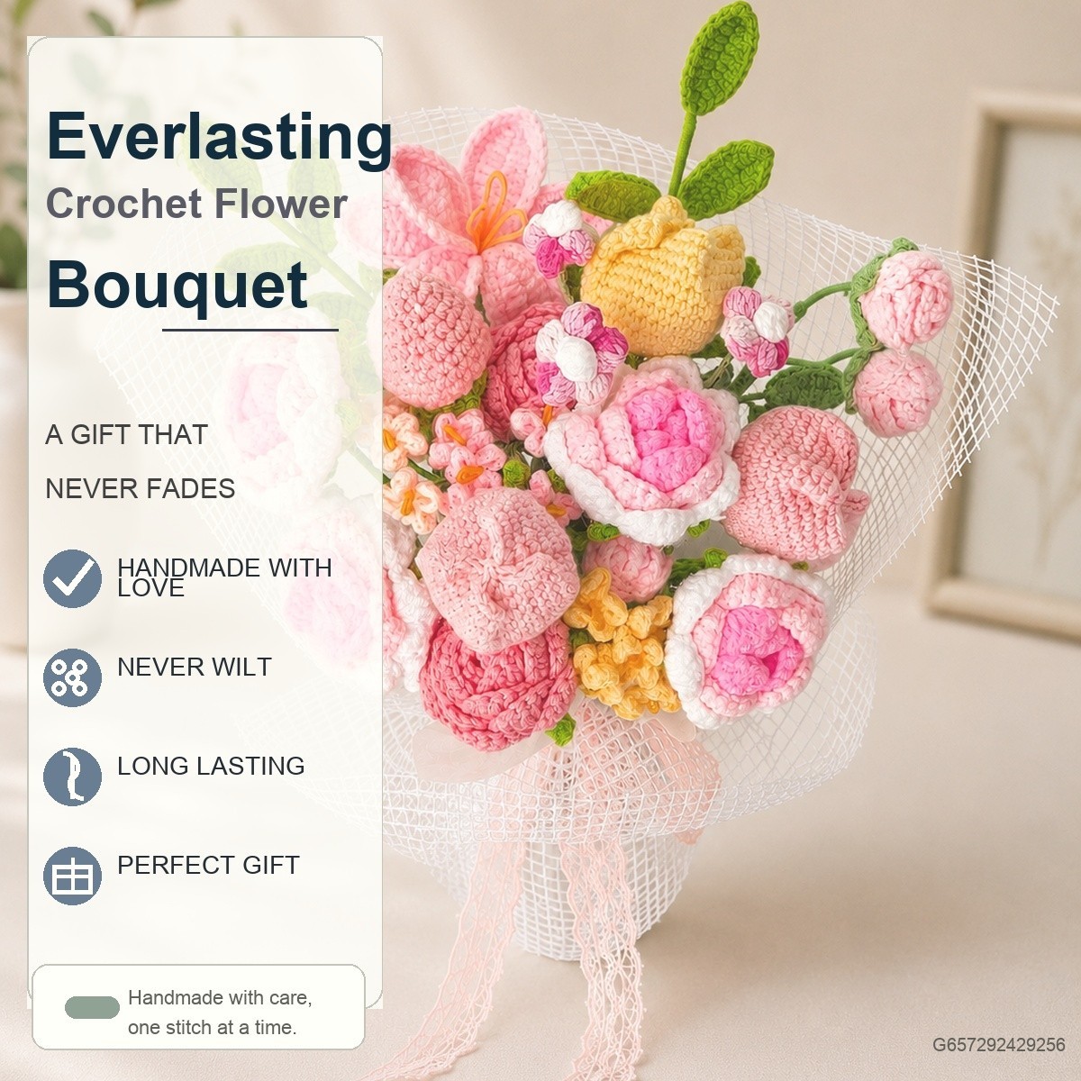 Pink Rose Lily Crochet Bouquet Birthday Anniversary Gift for Her