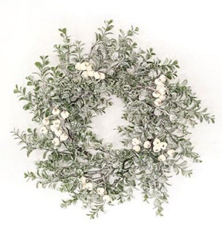 NEW FARMHOUSE SNOWY Candle Ring BOXWOOD GLITTERED BERRIES Christmas 6.5″ x 16″