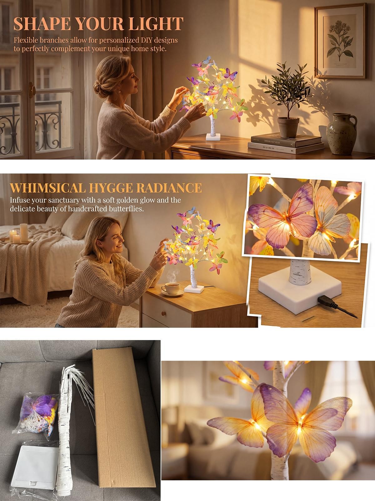 Butterfly Flower Tree LED Lamp USB Battery Artificial Plant Light Decor Home