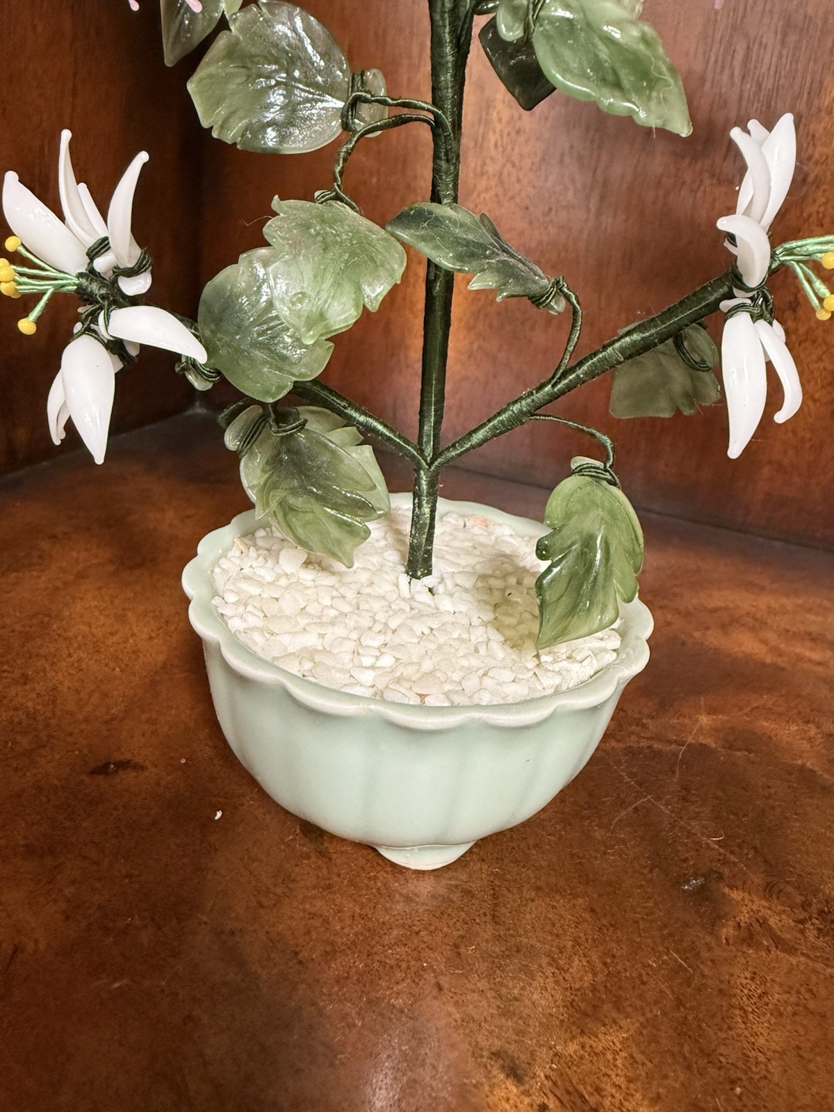 Vintage Adjustable Floral Arrangement Plastic Flowers Jade Style Leaves Porc Pla