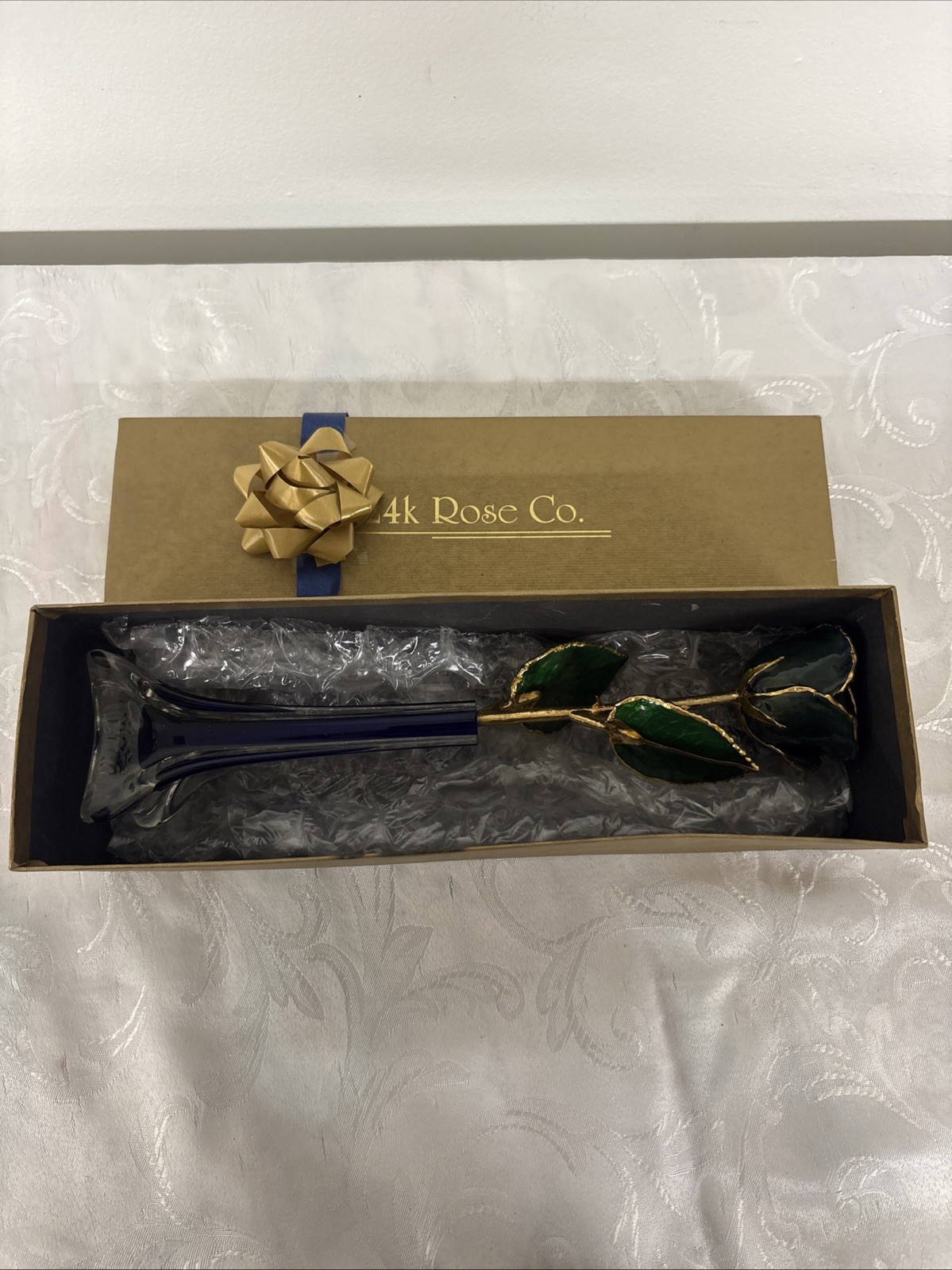 Vtg Real 24k Dipped Green American Rose Bradow Jewelers Watertown WI with Box