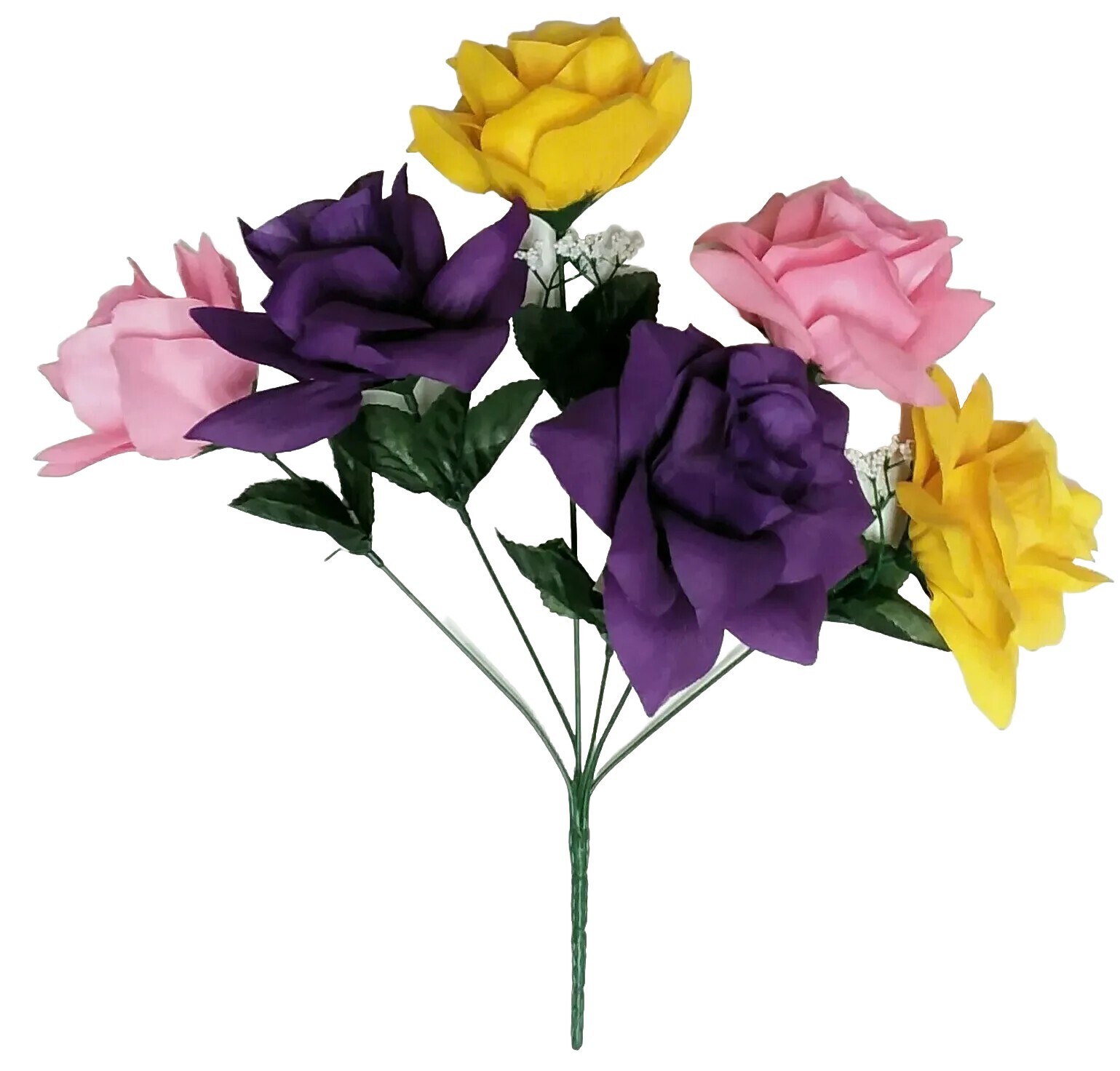 Yellow Purple & Pink 6 Roses 4″ Bloom 14″ Bush Silk Flower Home Outdoor Decor US