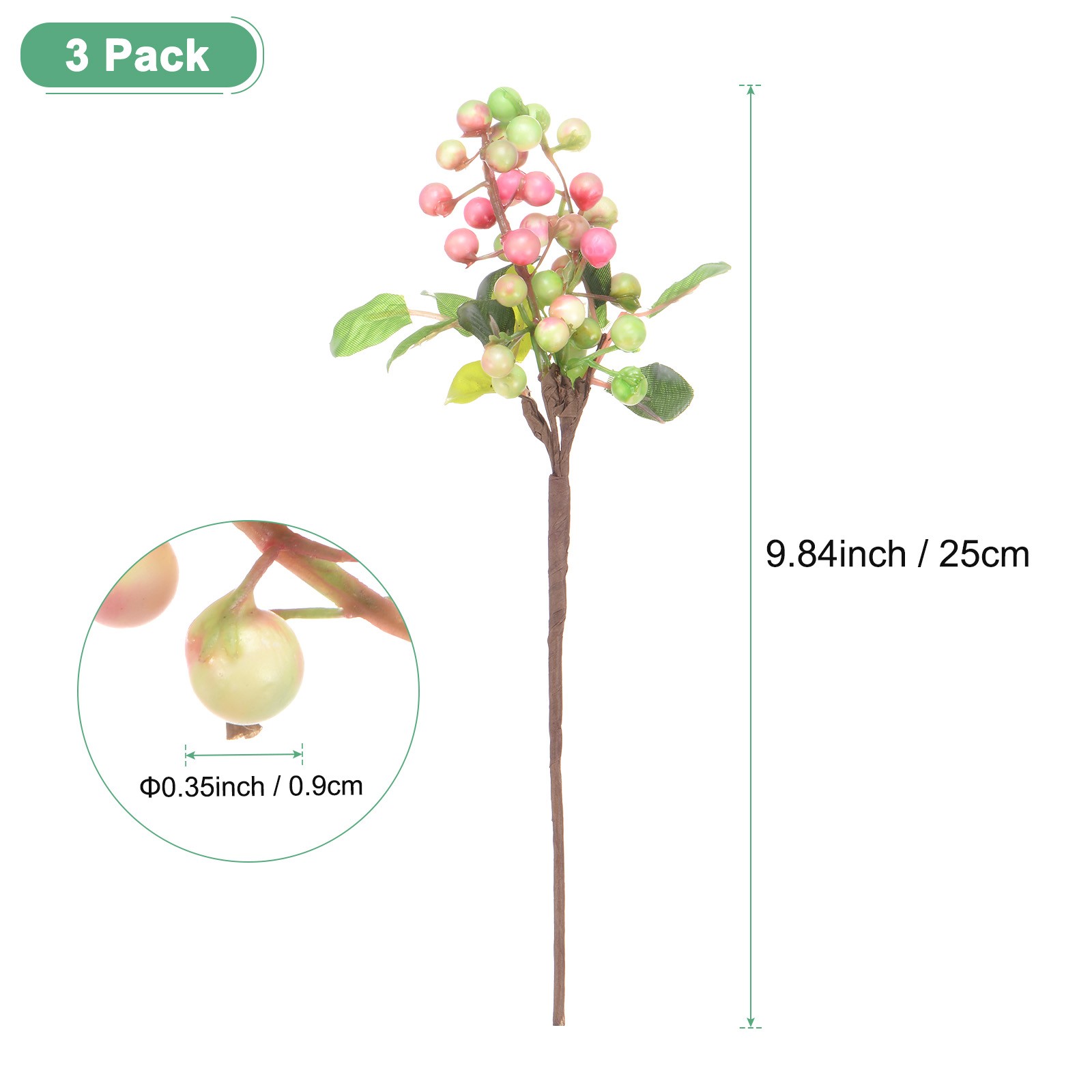 3-Pack Artificial Berry, 9.8 Inch for Home Decor/Wedding [White Pink]
