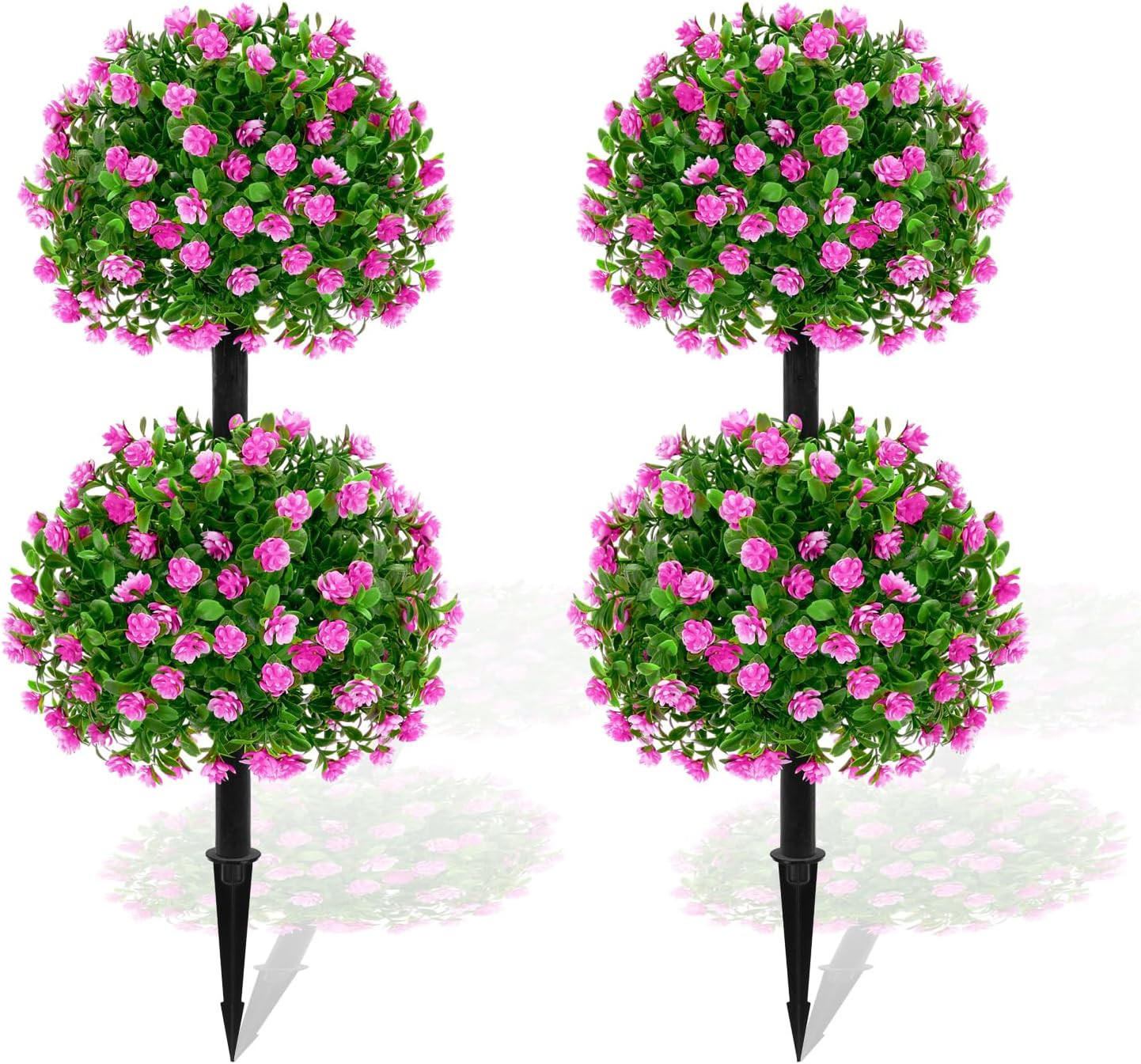 36″ Artificial Boxwood Double Ball Topiary Tree with Flowers – Rose Red