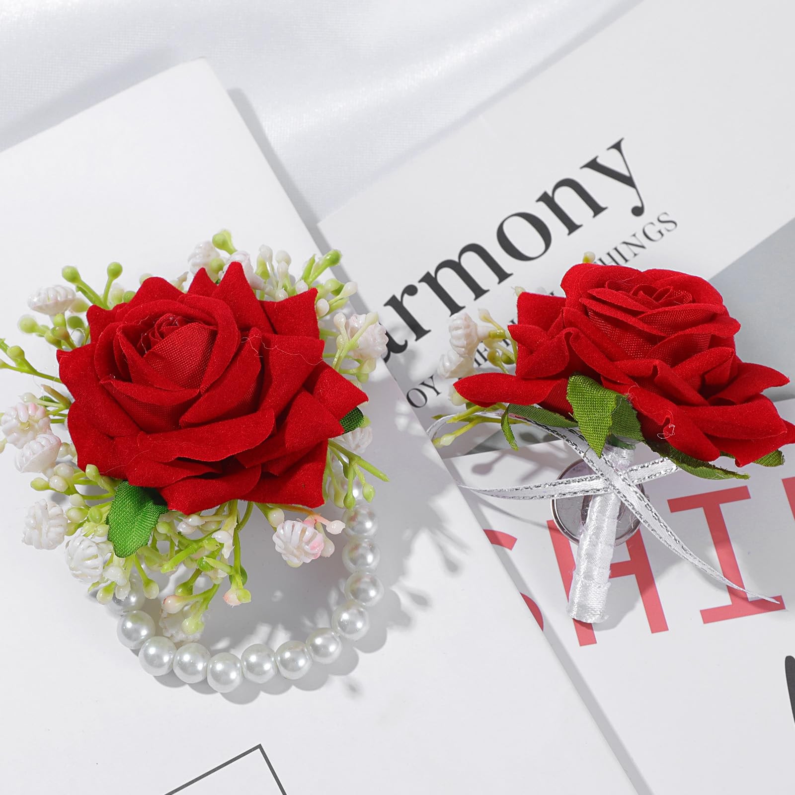 2 PCS Red Rose Corsage Set Pearl Hand Flower Wrist Wedding Prom Bridesmaid