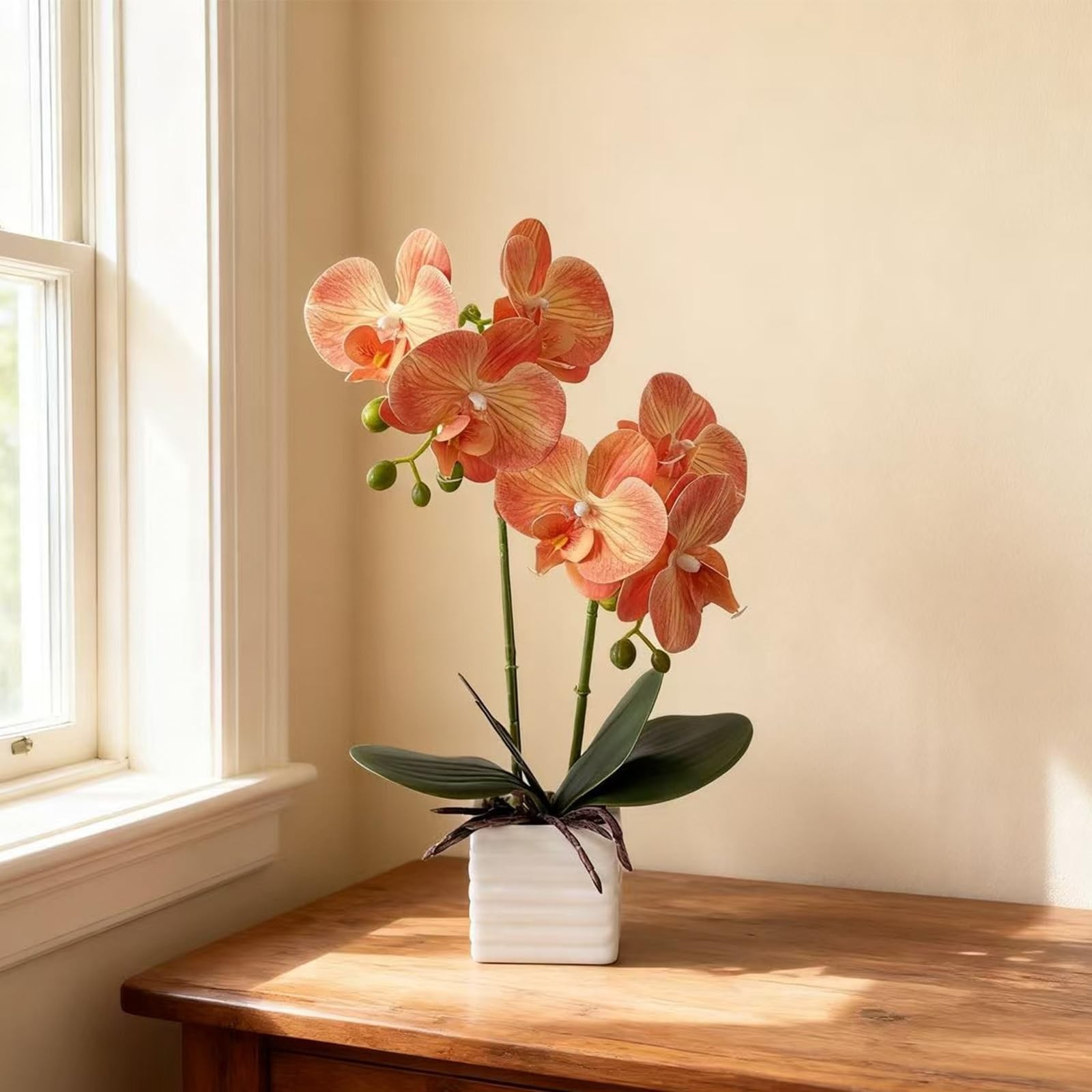 14″ Tall Artificial Indoor Orchids For Home Decor Orange Silk Flowers Vase