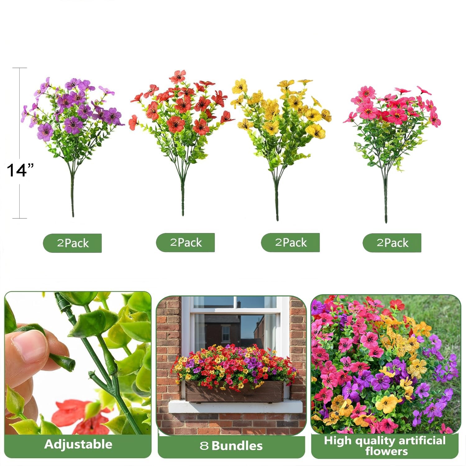 8 Pack Colorful Artificial Flowers UV Resistant for Outdoor
