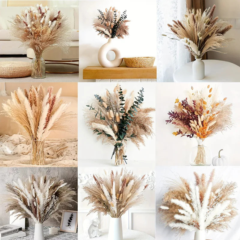 80PCS Natural Dried Flowers Bouquet Pampas Grass Bunny Tail Grass Boho Home Wedd