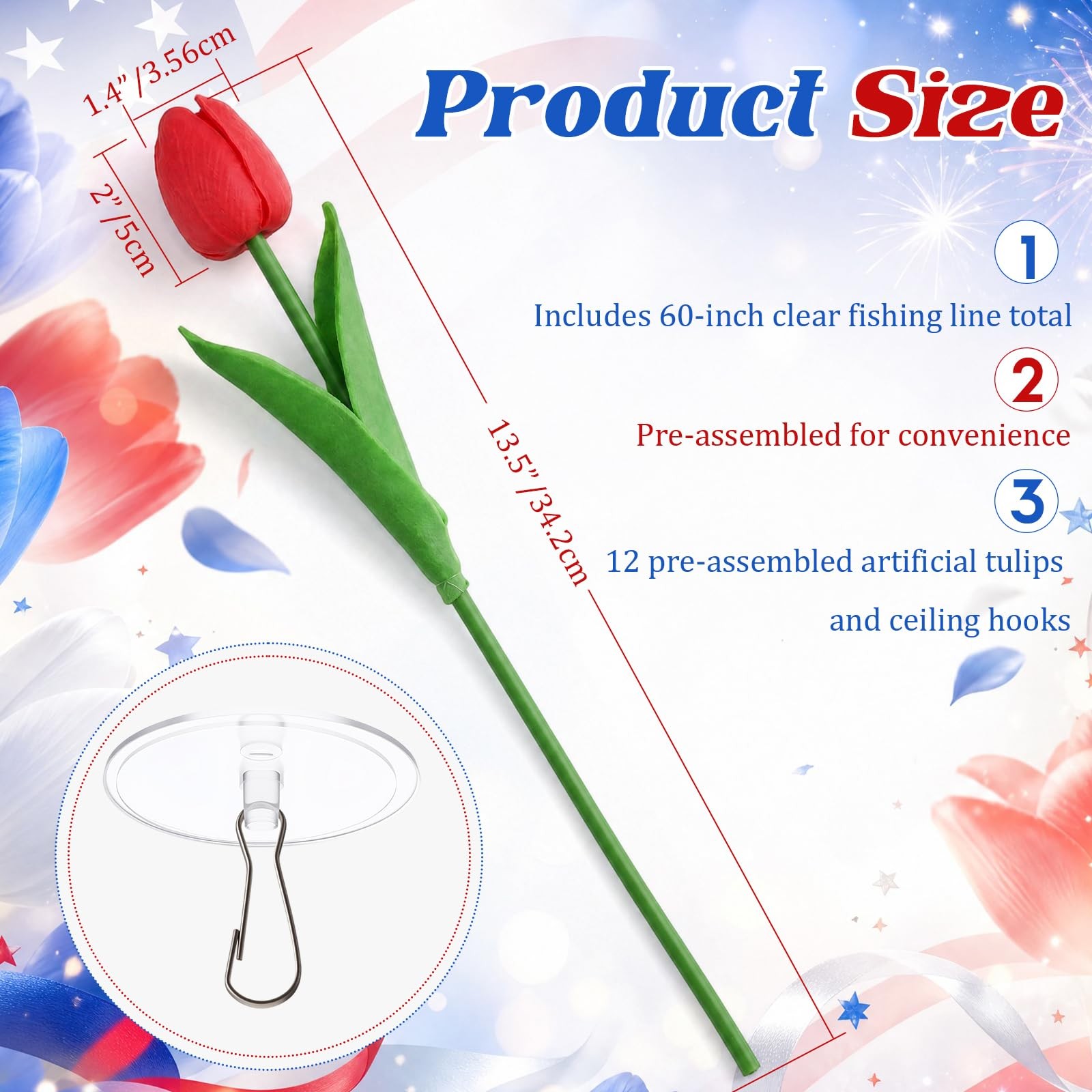 12 Pack Red White Blue 5 ft Artificial Hanging Tulips Garland, 4th of July Da…