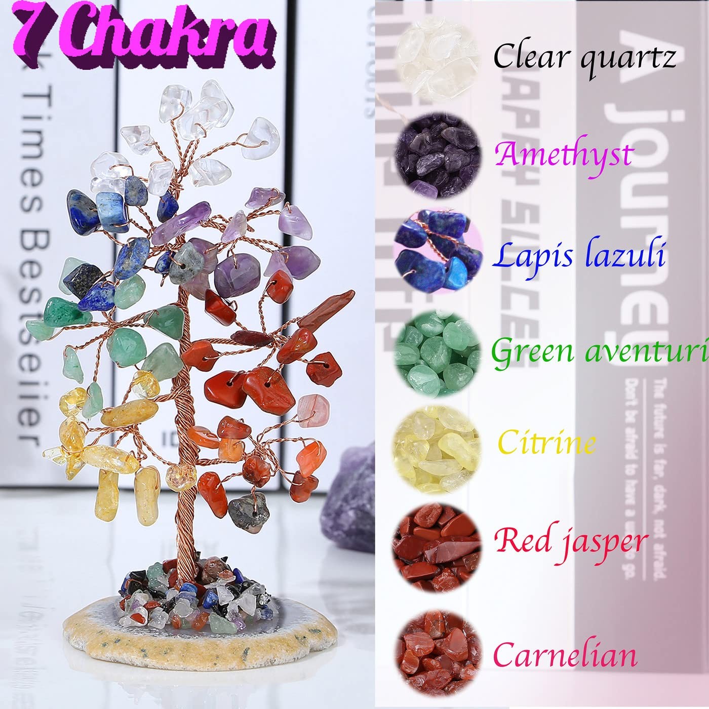 7 Chakra Healing Crystal Tree of Life Natural Gemstone Agate Slice Base Coppe…