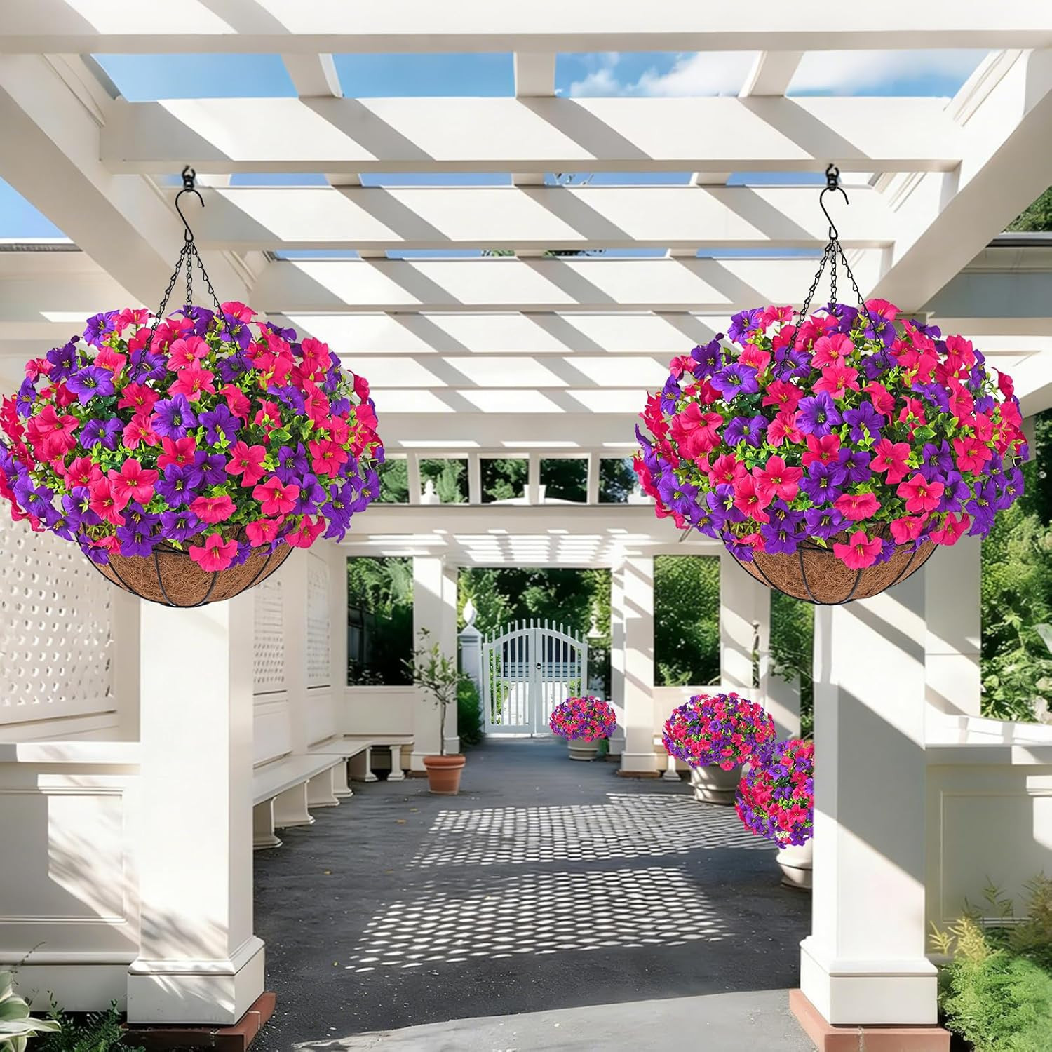 Realistic Artificial Hanging Flowers for Outdoors with Basket, 2 Set Large Size