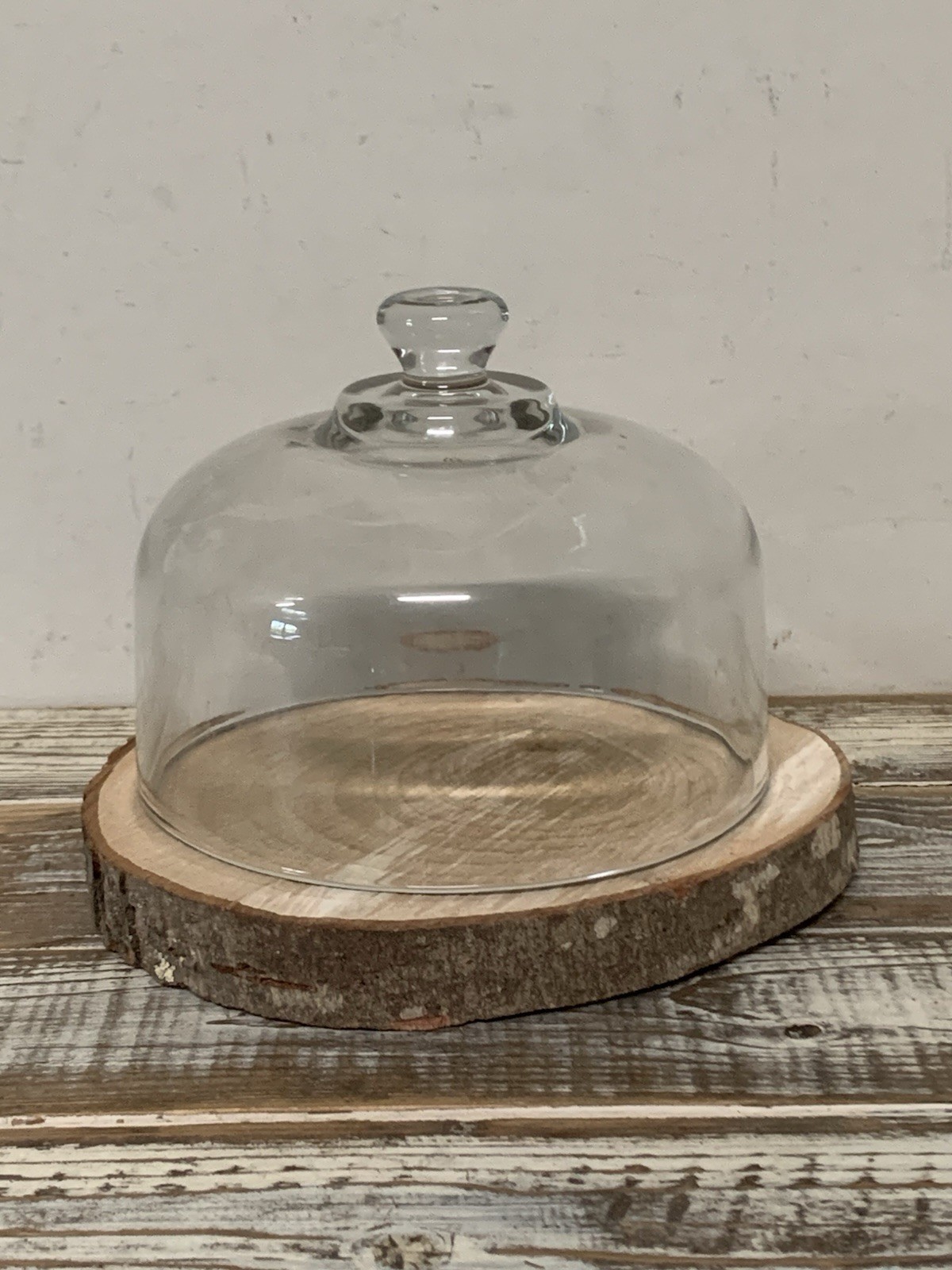 Rustic Style 2 Pc Cloche Set Rough Cut Tree Slab W/Glass Done 6.5” Tall