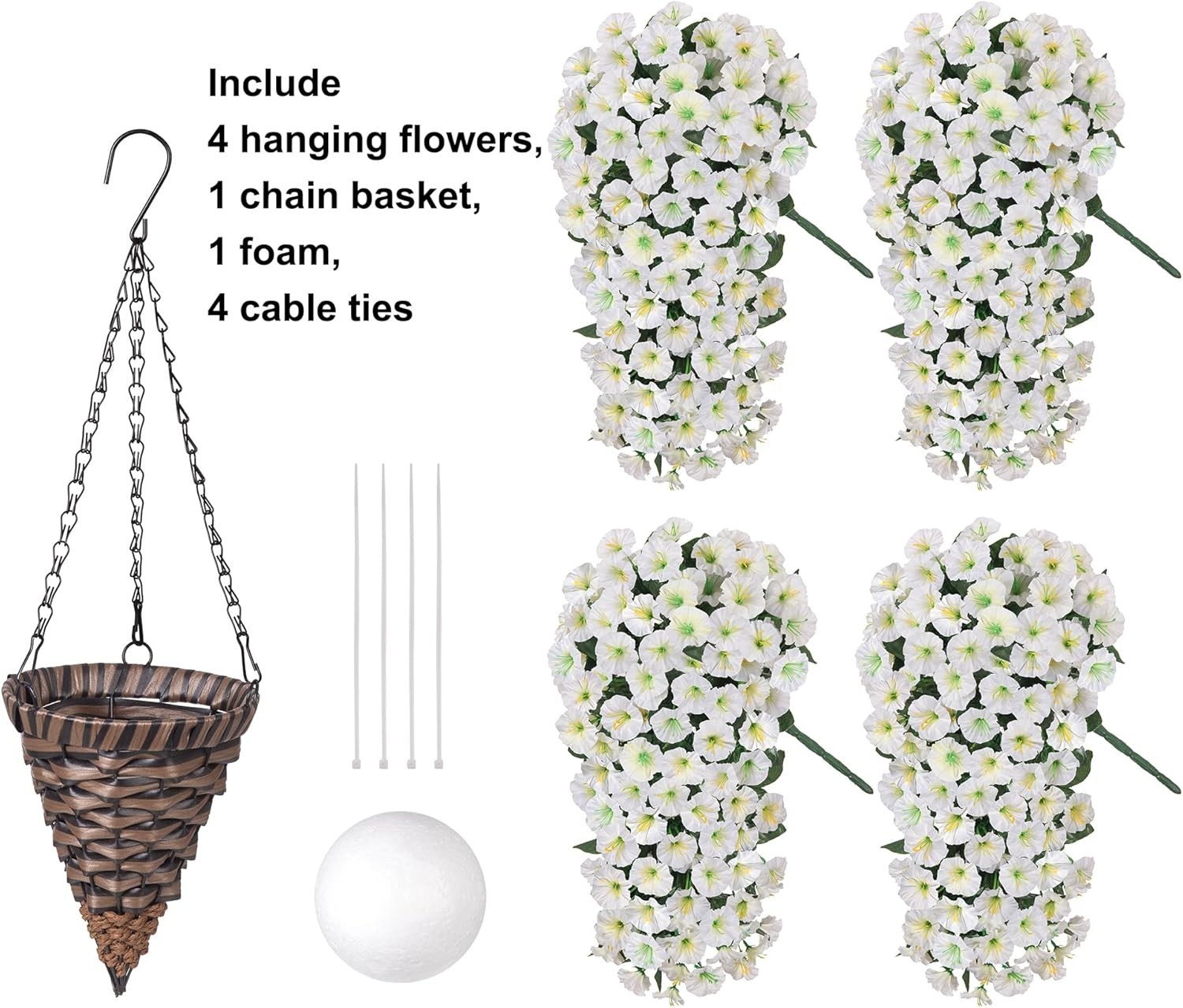 Indoor Outdoor Artificial White Morning Glory Flowers in Stylish Hanging Basket