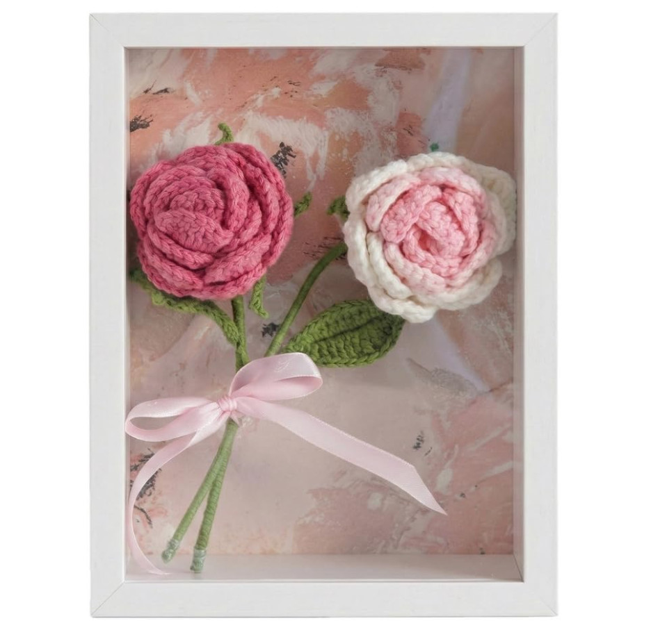 NWT Seyont Handmade 9″ Pink Crochet Flower in White Shadow Box Frame 3D Art