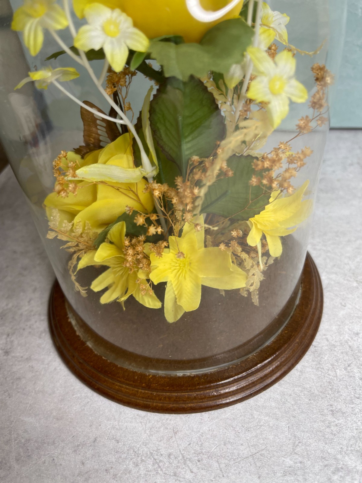 Vintage Butterfly Cloche Dome silk flowers yellow Wood Frame 9″