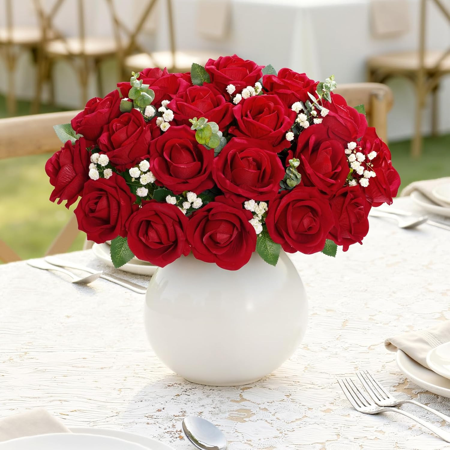 50 Pcs Red Artificial Roses Flowers in Bulk, Fake Long Stem Silk Roses for DIY W
