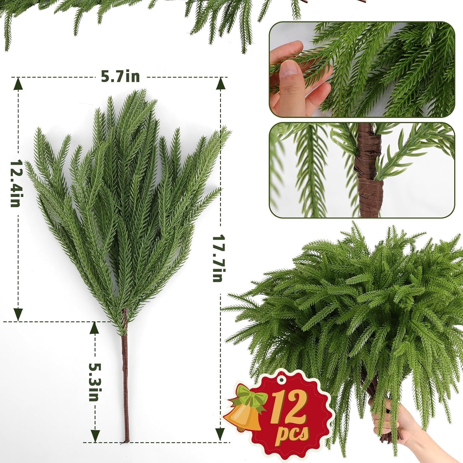 12Pcs Artificial Norfolk Pine Cedar Stems 18″ Branches for Wreath Deck the Halls