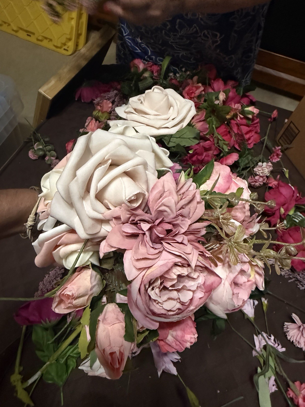 Large Lot / Box of Miscellaneous Artificial Silk Flowers – Bright Pink Shades