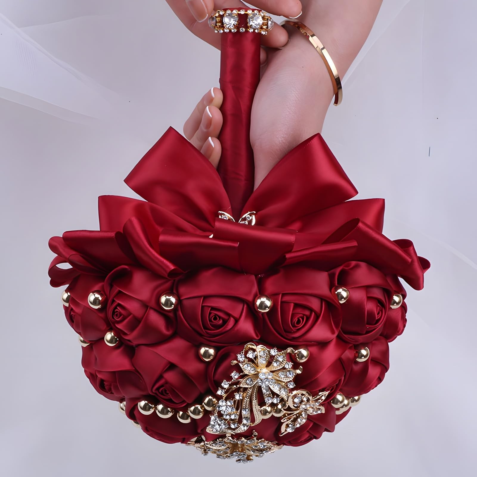7 Inch Wedding Bouquet Red Satin Flower Bridal Holding Bridesmaid Button Broo…