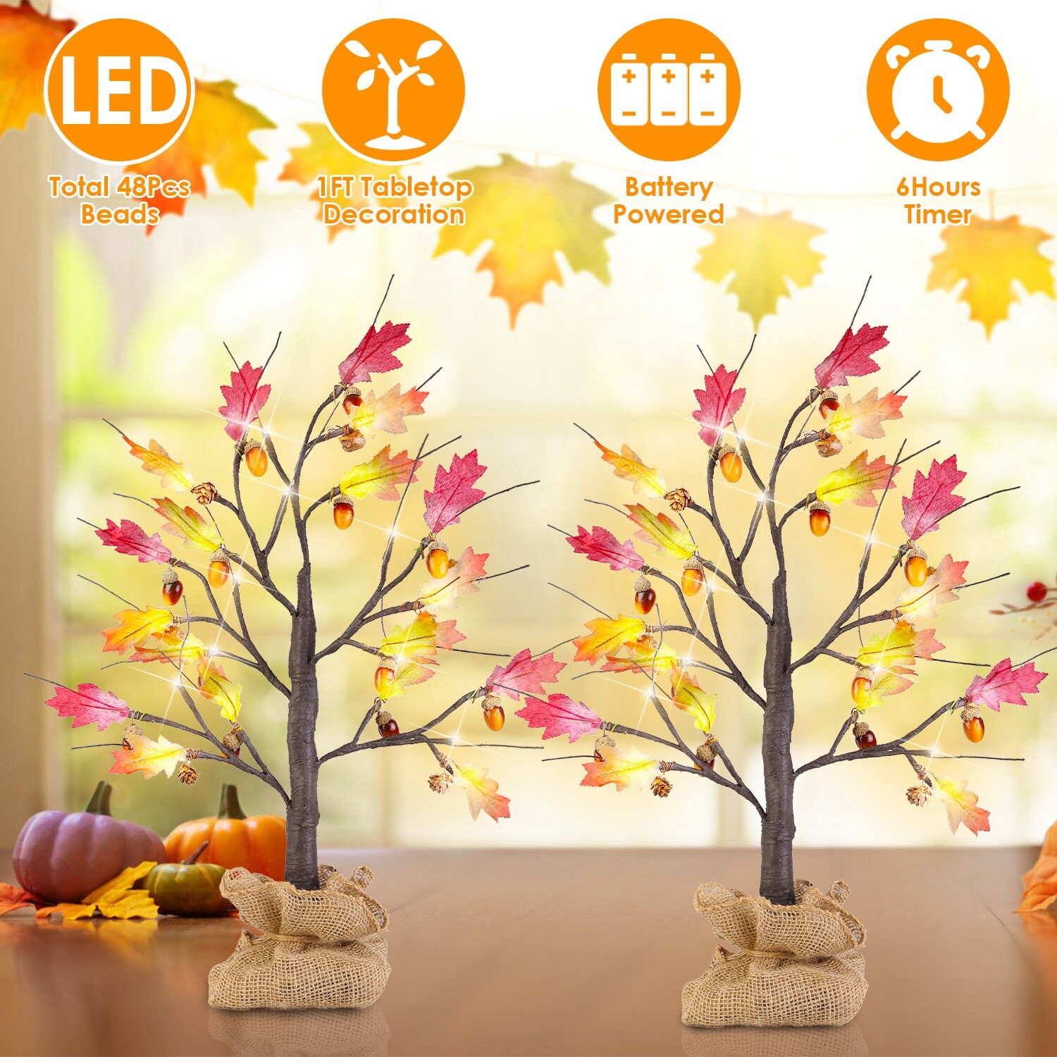 2pcs Artificial Maple Tree Battery Operated Lighted Tree Decorations with Timer