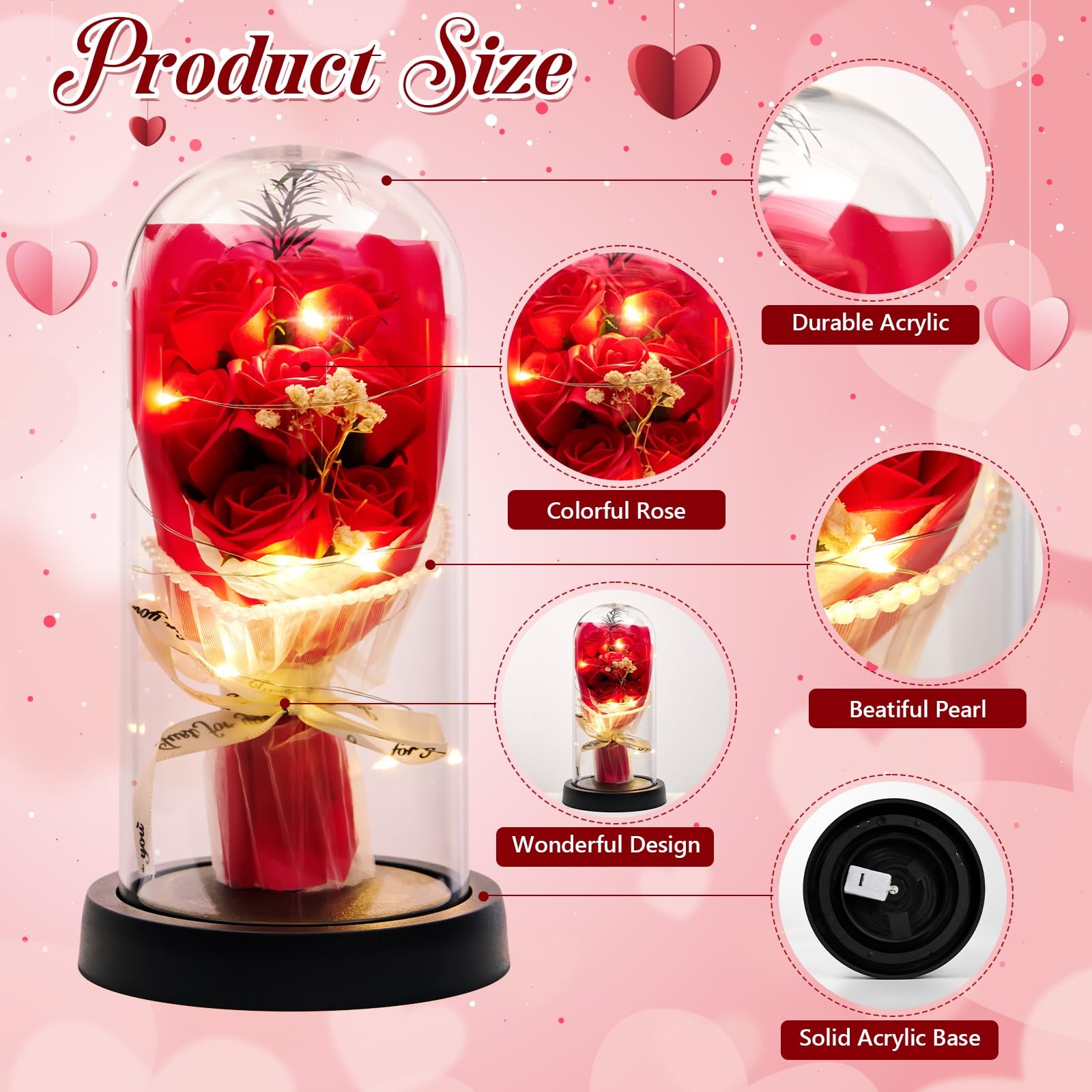 Forever Rose Light Up Preserved Red Rose in Glass Dome, Artificial Flower Gif…