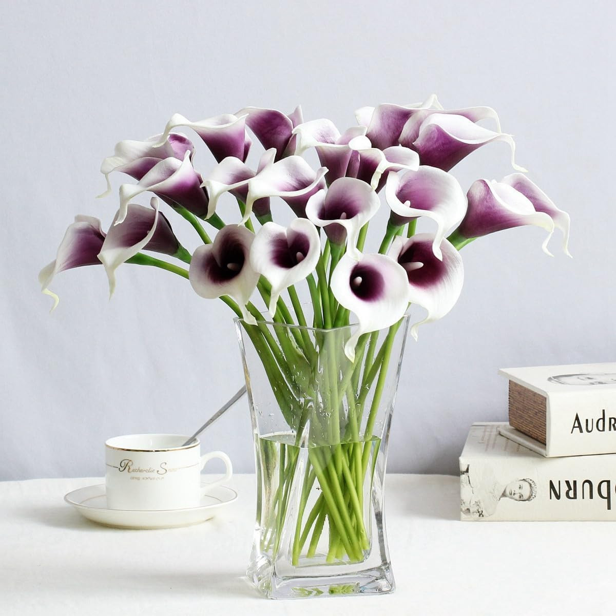 12Pcs Purple in White Artificial Calla Lily Flowers,Single Heads Real Touch | 13