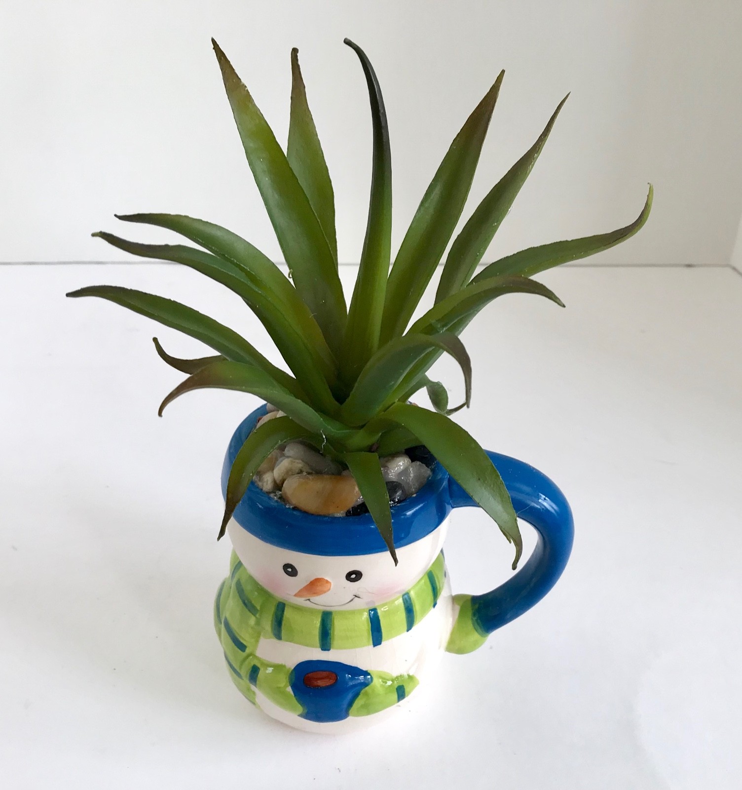 Snowman with Blue Hat Ceramic Holiday Mug with Large Green Grass Succulent