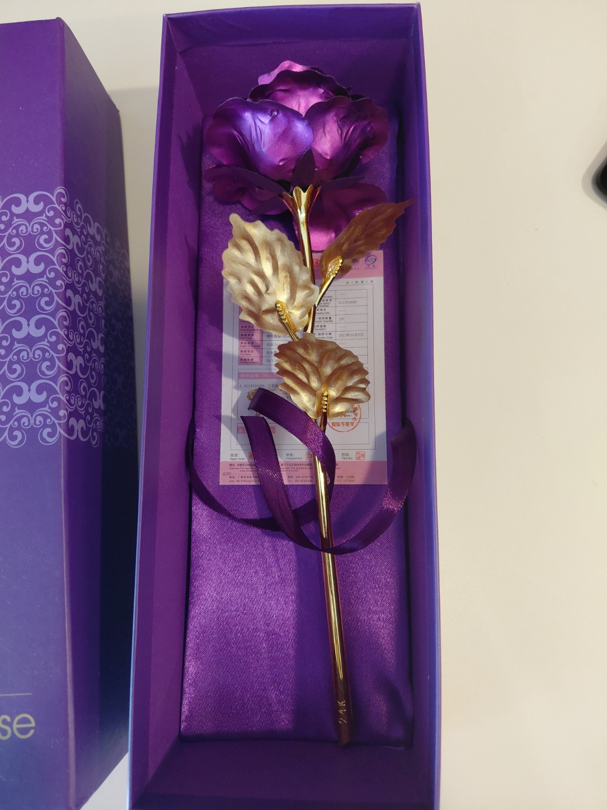 24K Purple & Gold Artificial Metal Rose Flower Stem 12 in with Gift Box