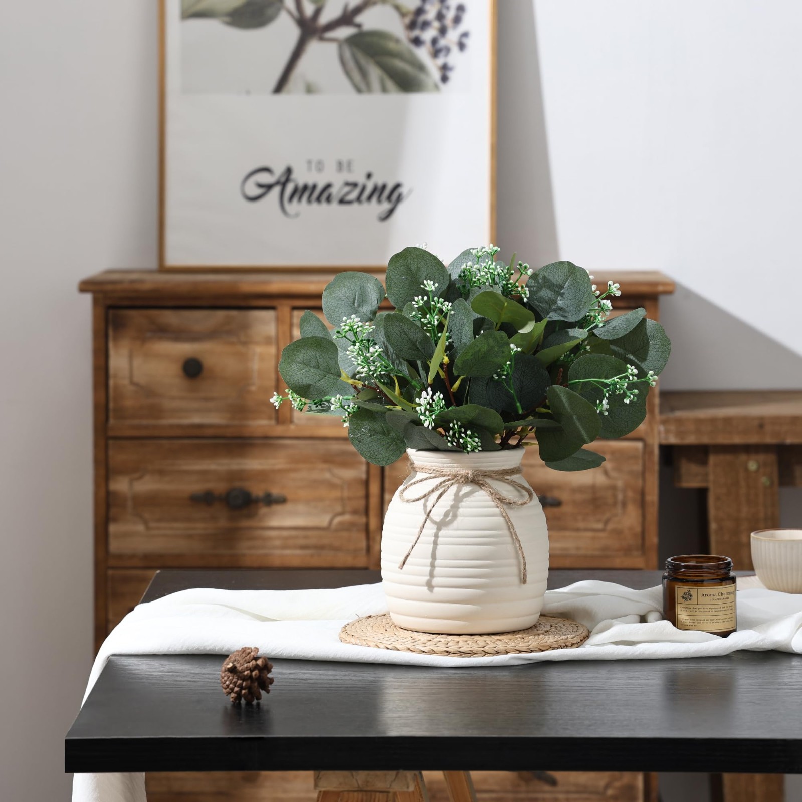 20pcs Eucalyptus Faux Plants in Vase | Modern Farmhouse Home Decor, Indoor Green
