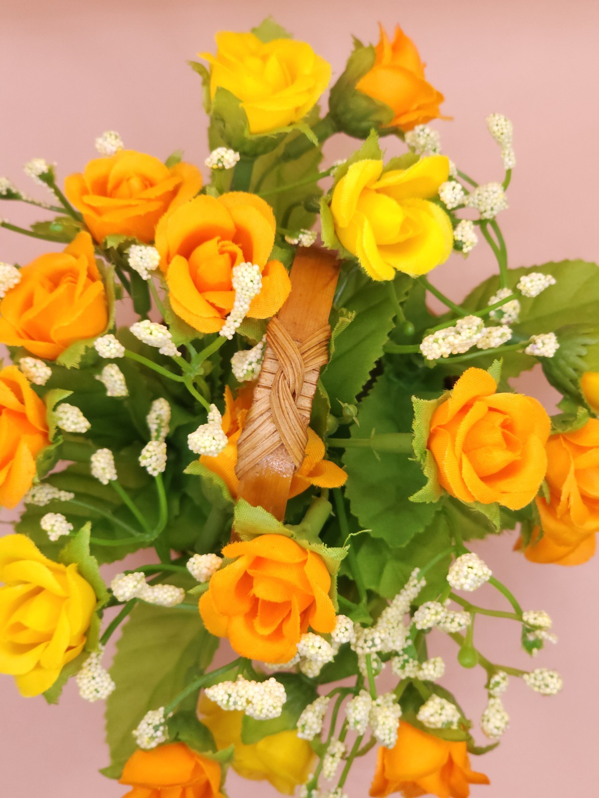 Sunny Yellow & Orange Rose Faux Floral Arrangement in Wood Woven Basket